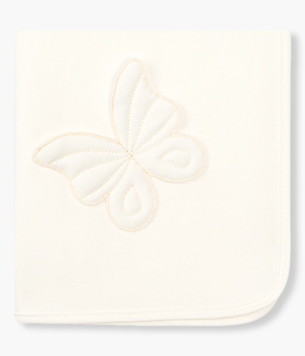Vista frontal da fralda pérola da Baby Gi para bebé menina e recém-nascida, 100% algodão. Delicada fralda com detalhe de borboleta branca no canto.
