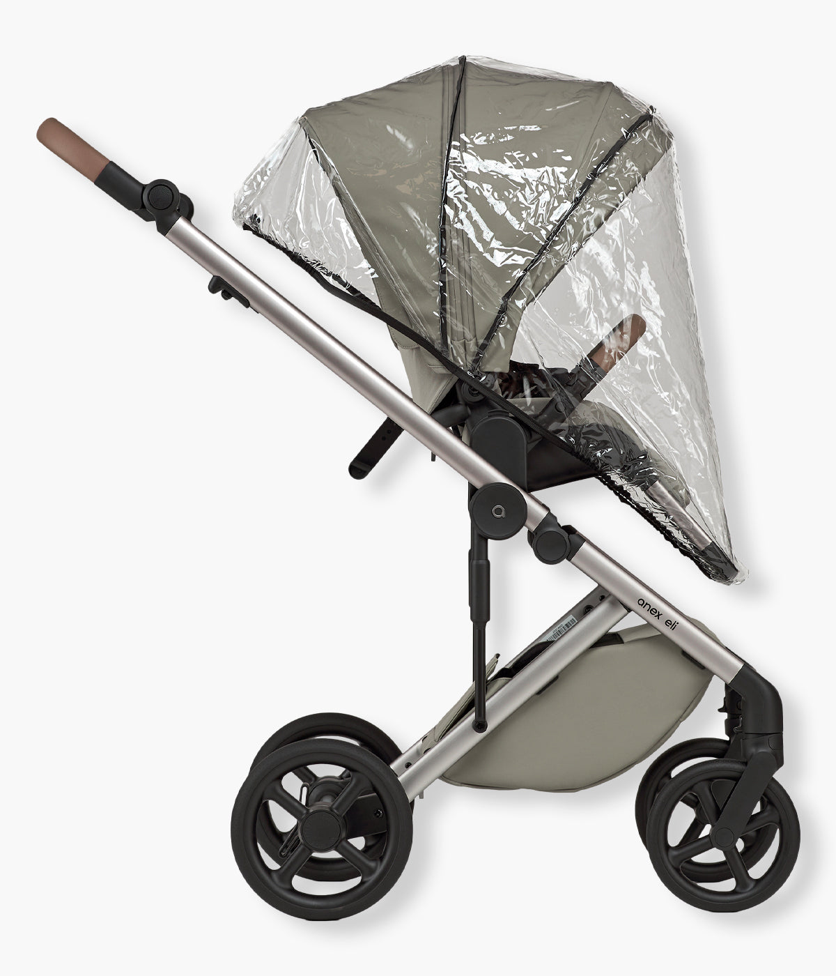 Vista lateral com assento com capa de chuva do carrinho de passeio Eli da marca Anex na cor Excite.