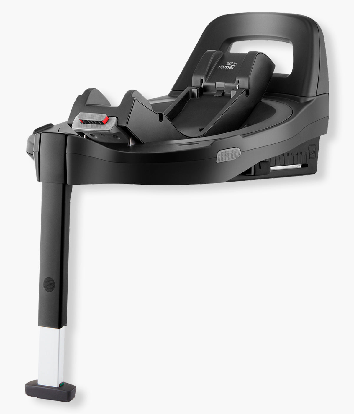 Vista lateral da base ISOFIX i-Size Vario Base 5Z da Britax Römer. Desenvolvida para acompanhar diferentes fases do crescimento, esta Base Isofix permite começar com um babycoque compatível e posteriormente instalar a cadeira DUALFIX 5Z na mesma base.