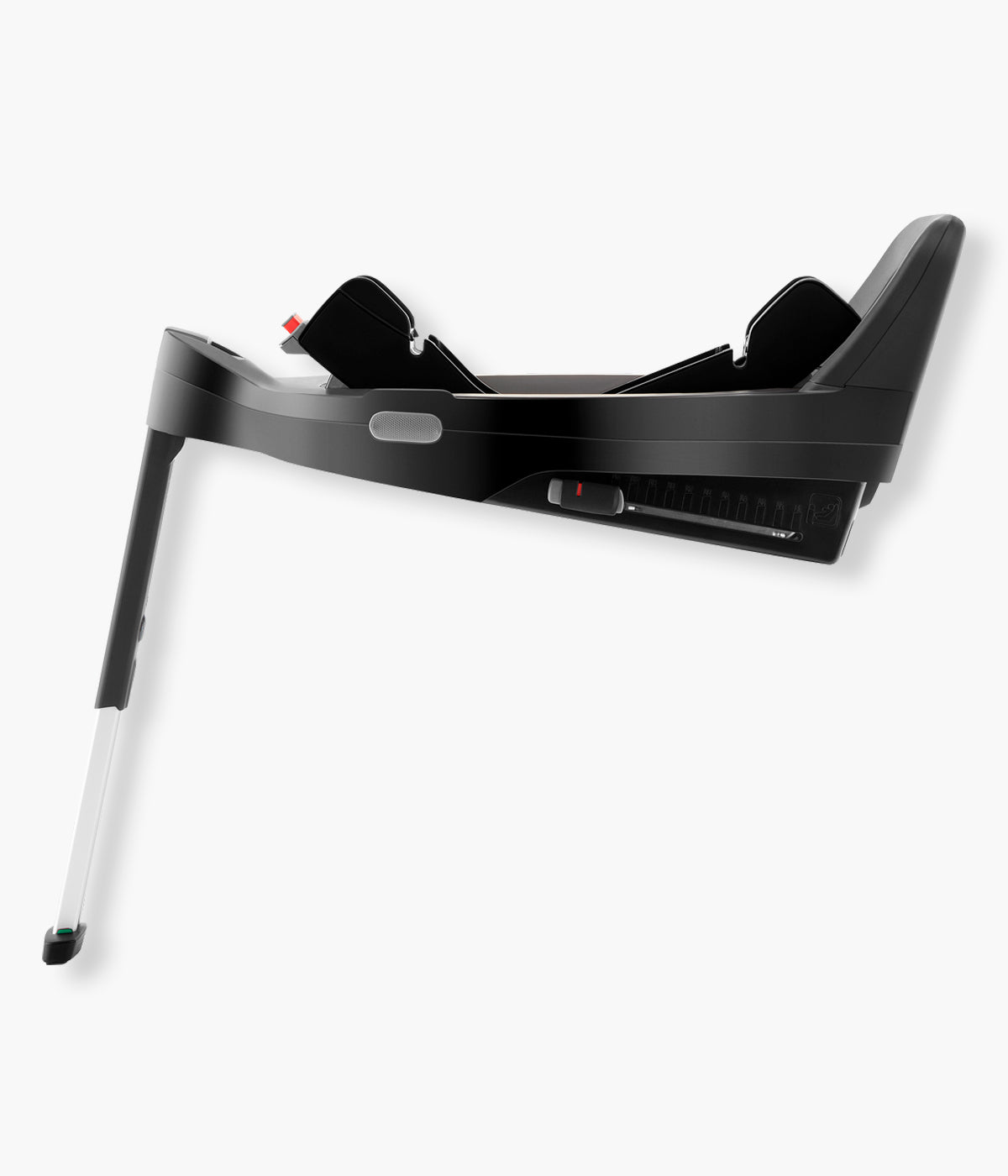 Vista lateral da base ISOFIX i-Size Vario Base 5Z da Britax Römer. Desenvolvida para acompanhar diferentes fases do crescimento, esta Base Isofix permite começar com um babycoque compatível e posteriormente instalar a cadeira DUALFIX 5Z na mesma base. Integra rotação, conectores ISOFIX independentes, perna de apoio regulável e 6 posições de ajuste de inclinação, facilitando uma instalação segura e uma posição mais confortável em diferentes automóveis.