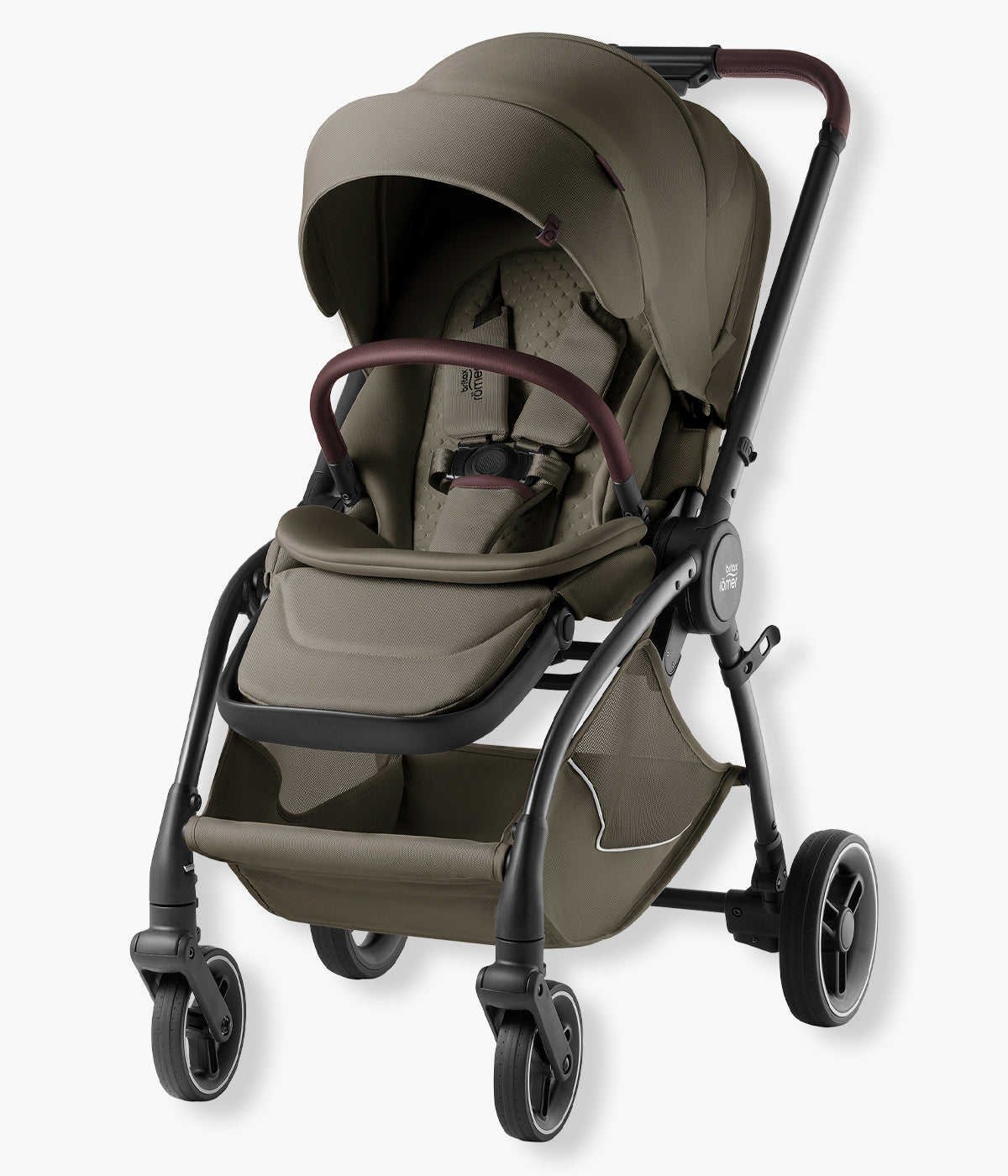Vista lateral do carrinho de passeio Rio Lux da marca Britax Römer na cor Urban Olive. Prático carrinho de passeio concebido para acompanhar a criança desde o nascimento até aproximadamente aos 4 anos ou 22 kg. 