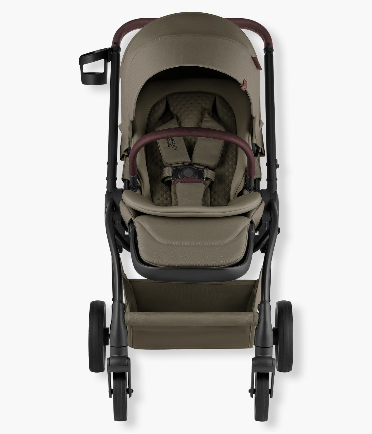 Vista frontal do carrinho de passeio Rio Lux da marca Britax Römer na cor Urban Olive. Prático carrinho de passeio concebido para acompanhar a criança desde o nascimento até aproximadamente aos 4 anos ou 22 kg. 