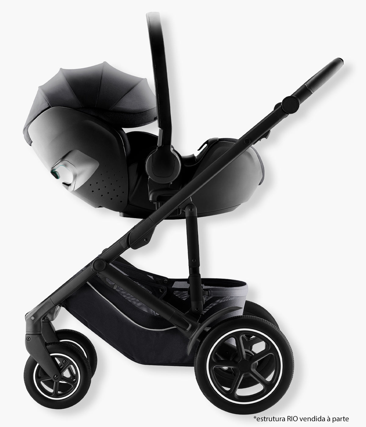 Vista lateral da babycoque Baby-Safe Pro Style da Britax Römer na cor Carbon Black. Elegante babycoque que combina segurança, ergonomia e facilidade de utilização desde o nascimento até aproximadamente aos 15 meses, dos 40 aos 85 cm e até 13 kg.