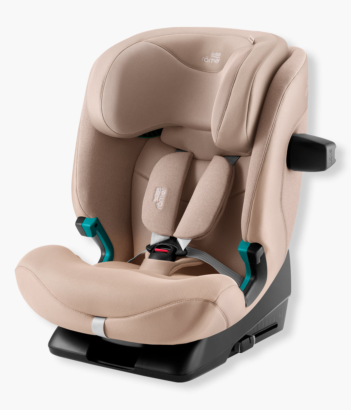 Vista lateral da cadeira auto evolutiva Advansafix Style da Britax Römer na cor Teak. Prática cadeira auto desenvolvida para acompanhar a criança durante vários anos, dos 76 aos 150 cm, aproximadamente dos 15 meses aos 12 anos.