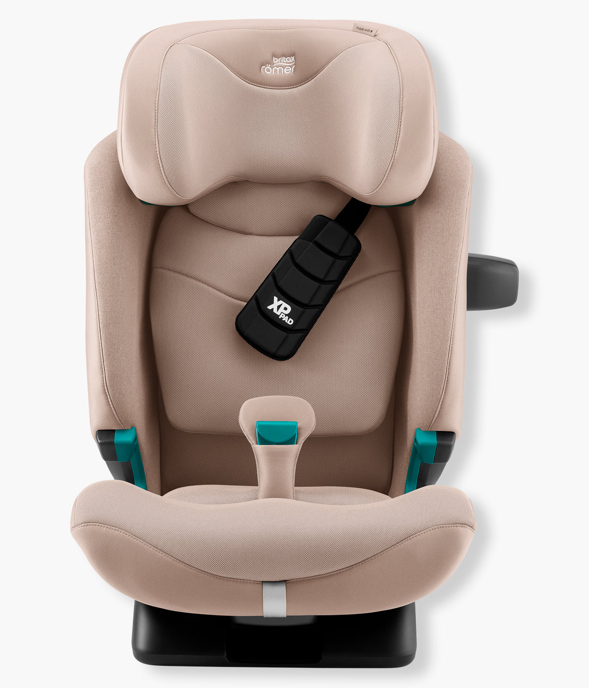 Vista frontal da cadeira auto evolutiva Advansafix Style da Britax Römer na cor Teak. Prática cadeira auto desenvolvida para acompanhar a criança durante vários anos, dos 76 aos 150 cm, aproximadamente dos 15 meses aos 12 anos.