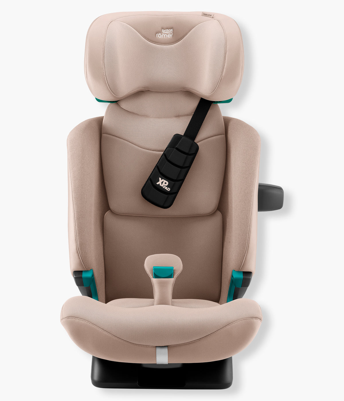 Vista frontal da cadeira auto evolutiva Advansafix Style da Britax Römer na cor Teak. Prática cadeira auto desenvolvida para acompanhar a criança durante vários anos, dos 76 aos 150 cm, aproximadamente dos 15 meses aos 12 anos.