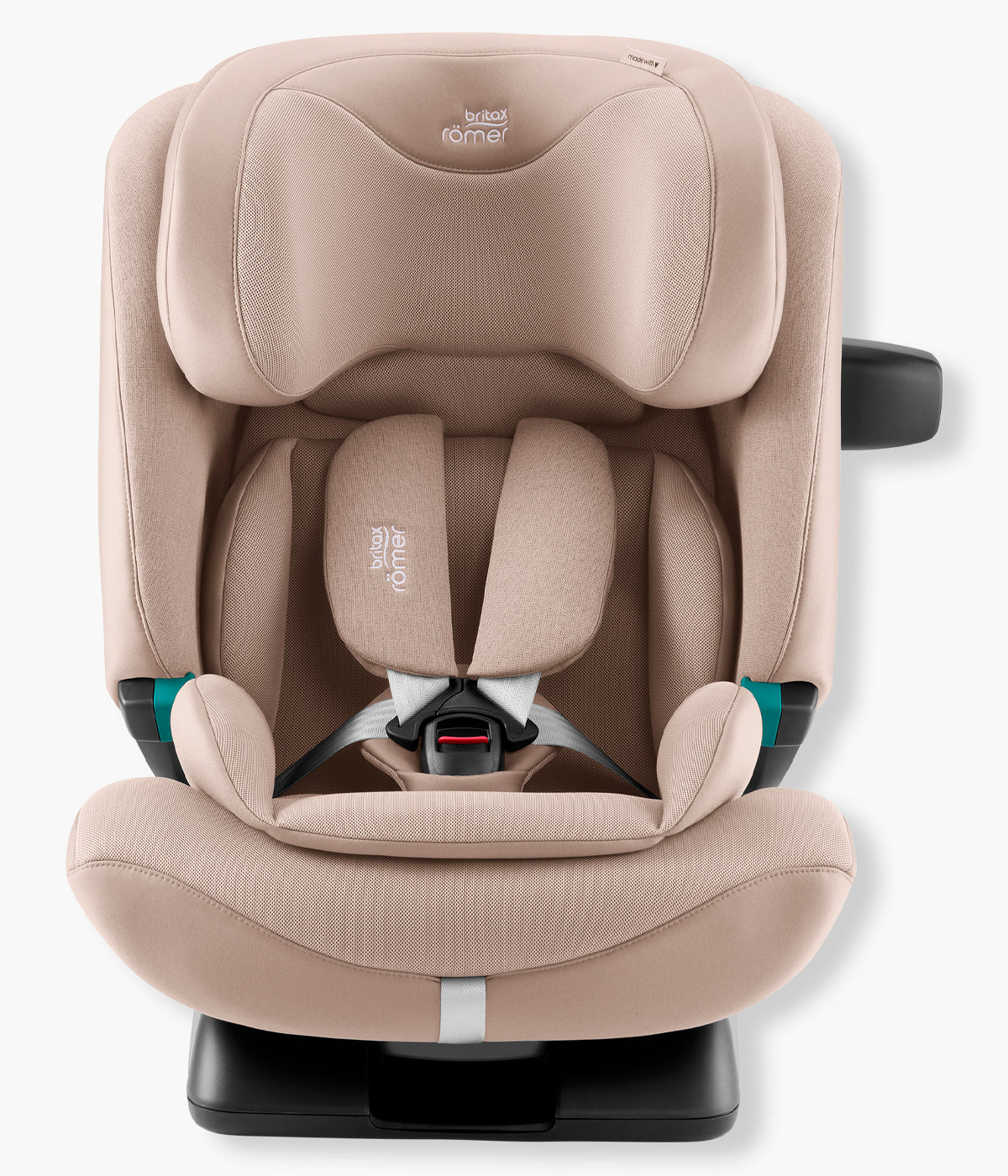Vista frontal da cadeira auto evolutiva Advansafix Style da Britax Römer na cor Teak. Prática cadeira auto desenvolvida para acompanhar a criança durante vários anos, dos 76 aos 150 cm, aproximadamente dos 15 meses aos 12 anos.