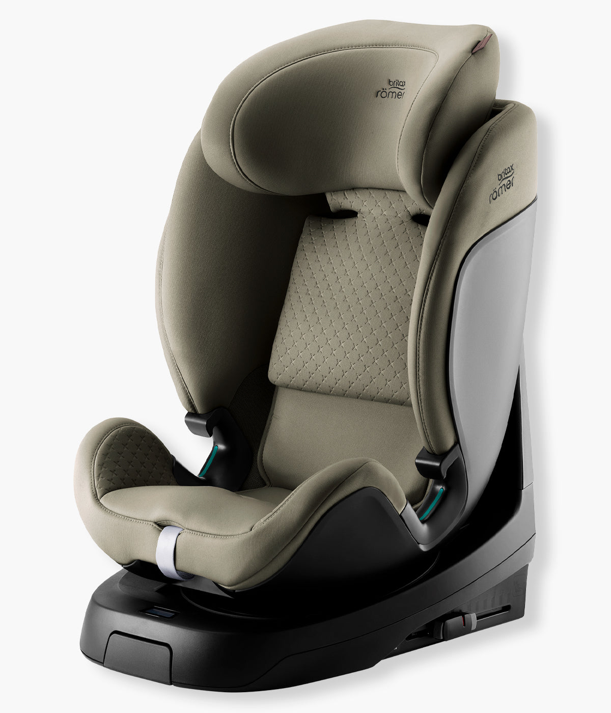 Vista lateral da cadeira auto evolutiva Swivel-Grow Max Air Lux da Britax Römer na cor Urban Olive Elegante cadeira auto desenvolvida para acompanhar a criança desde o nascimento até aproximadamente aos 7 anos, dos 40 aos 125 cm. Combina rotação de 360°, utilização prolongada contra a marcha, arnês de 5 pontos e posterior transformação em cadeira elevatória com encosto.