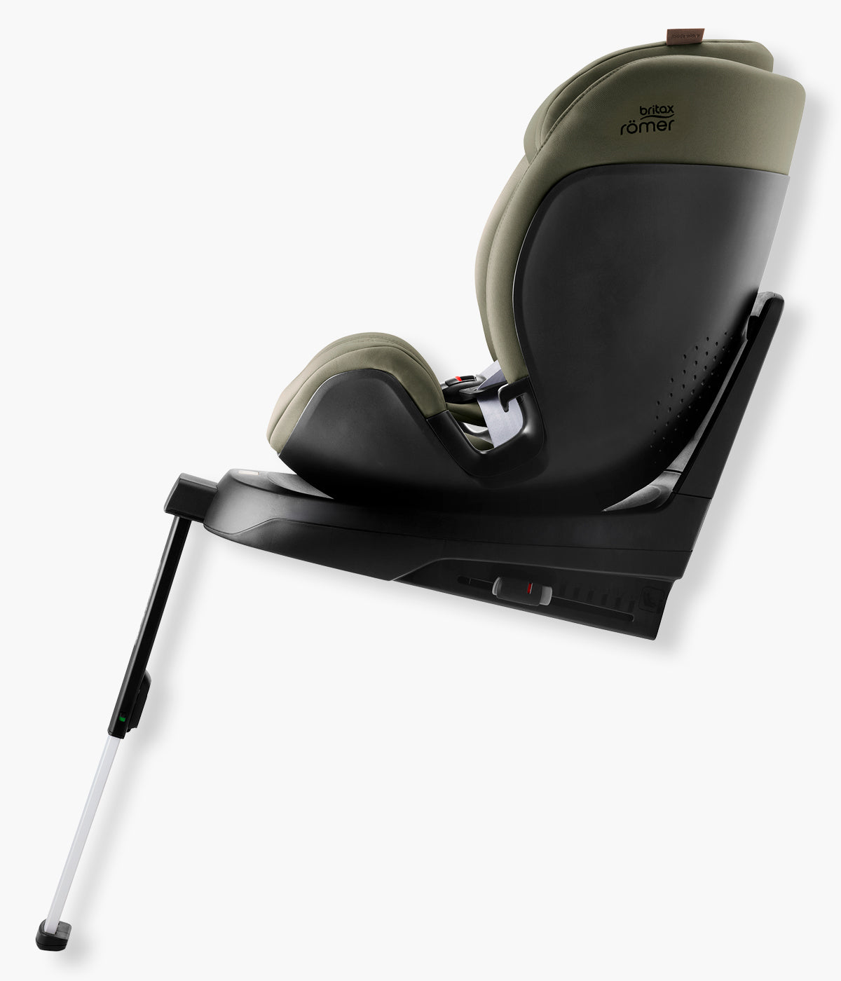Vista lateral da cadeira auto evolutiva Swivel-Grow Max Air Lux da Britax Römer na cor Urban Olive instalada na base