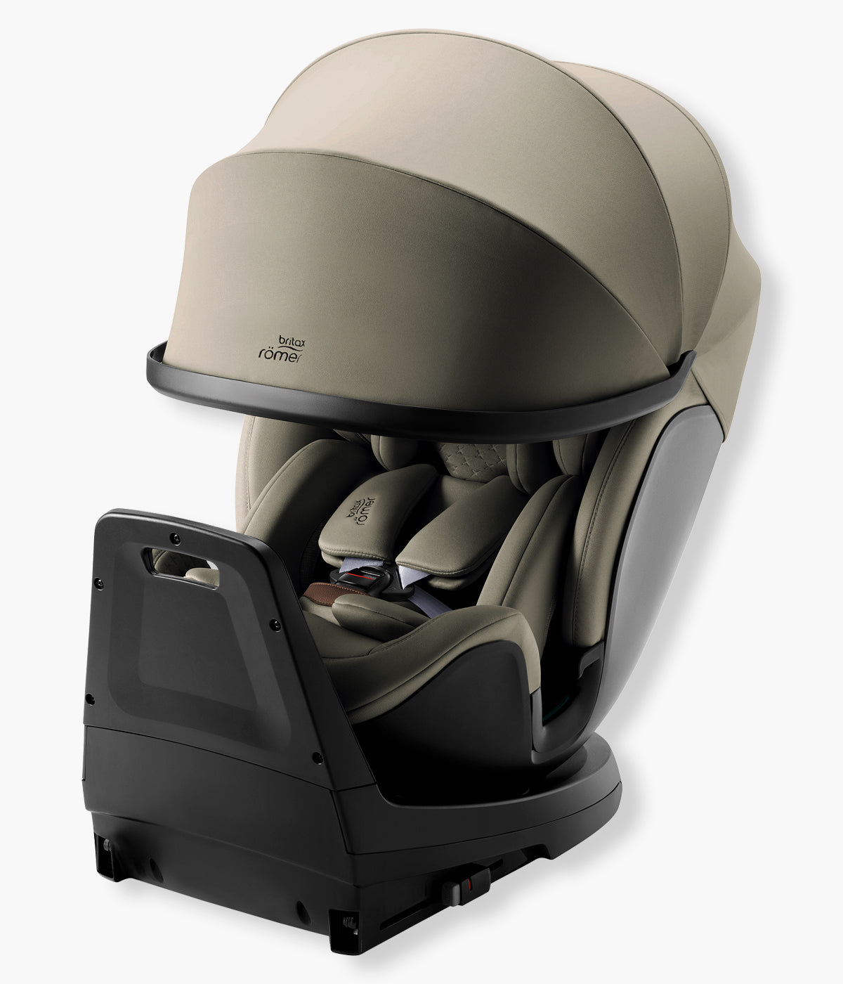 Vista lateral da cadeira auto evolutiva Swivel-Grow Max Air Lux da Britax Römer na cor Urban Olive com a capota fechada.