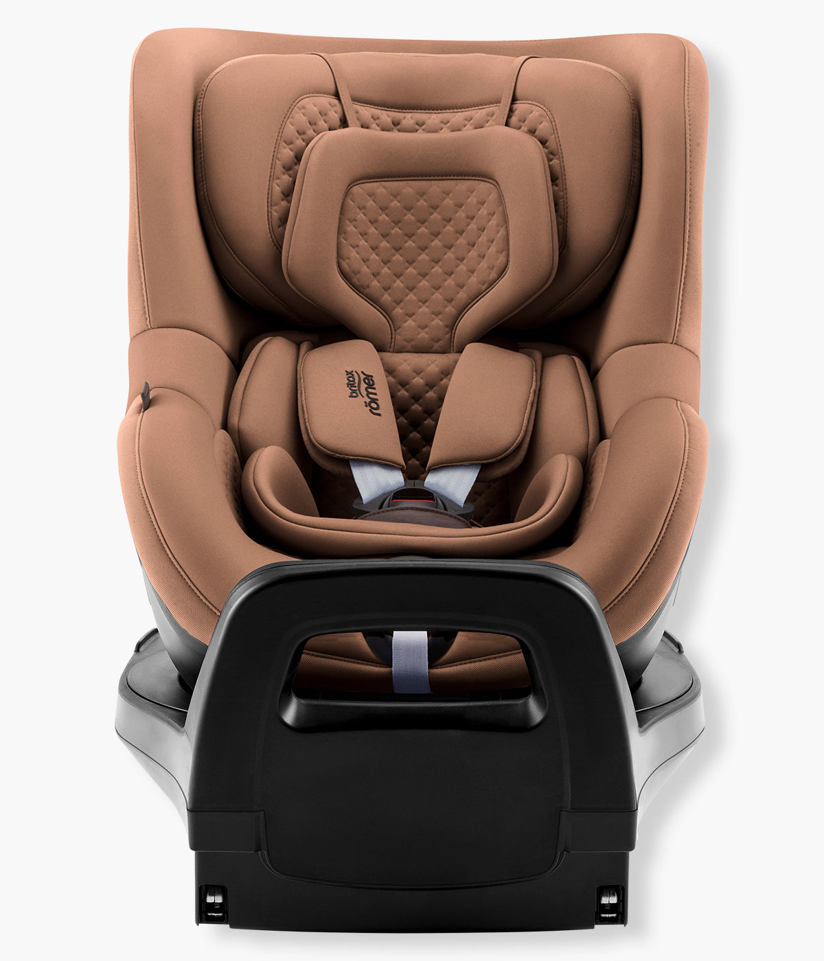Vista frontal da cadeira auto rotativa i-Size Dualfix Pro M Lux da marca Britax Römer na cor Warm Caramel instalada na base.