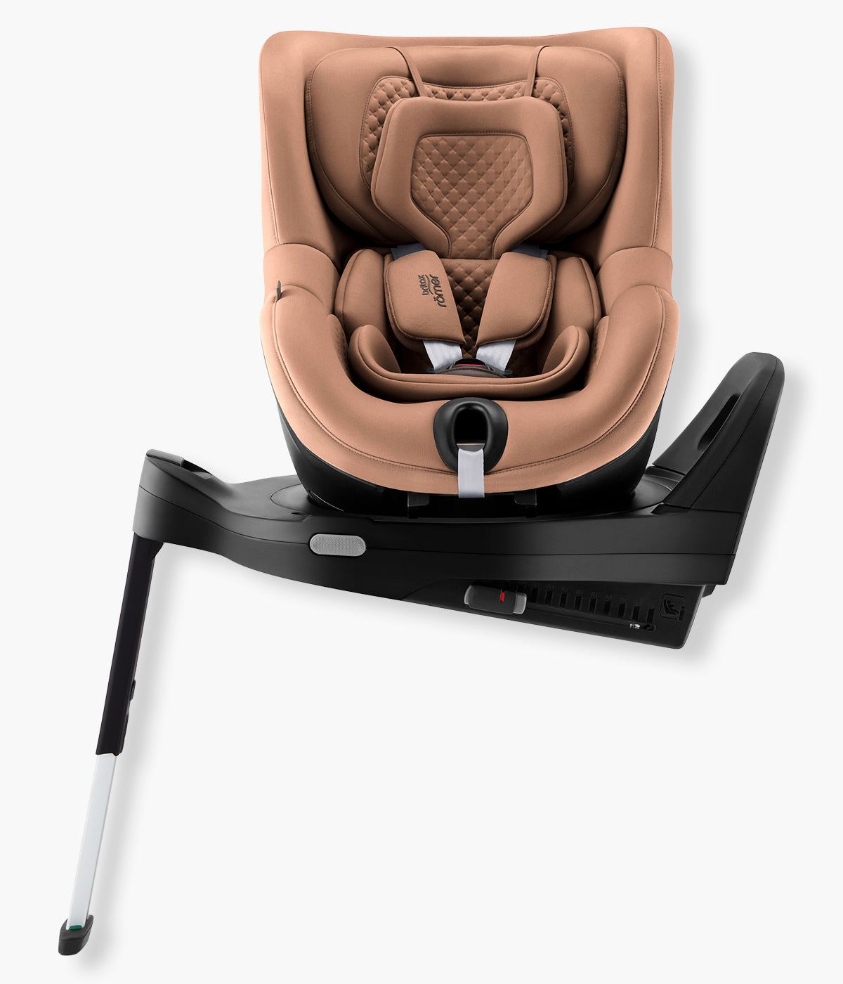 Vista frontal da cadeira auto rotativa i-Size Dualfix Pro M Lux da marca Britax Römer na cor Warm Caramel instalada na base.