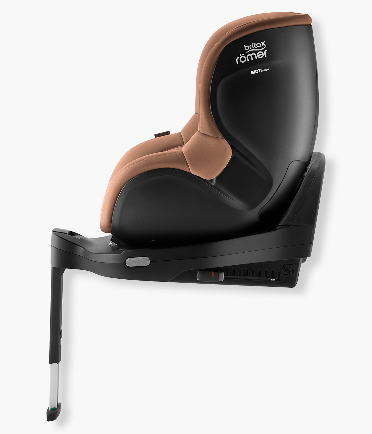 Vista lateral da cadeira auto rotativa i-Size Dualfix Pro M Lux da marca Britax Römer na cor Warm Caramel instalada na base.