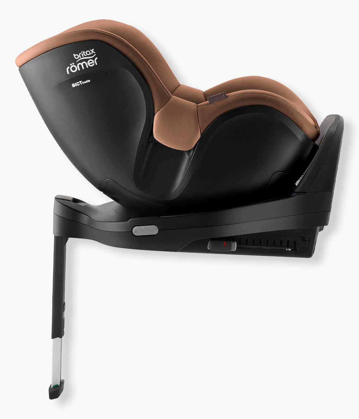 Vista lateral da cadeira auto rotativa i-Size Dualfix Pro M Lux da marca Britax Römer na cor Warm Caramel instalada na base.