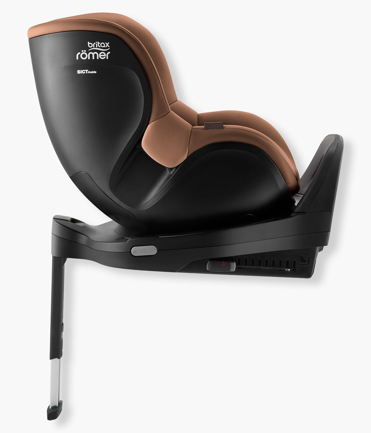 Vista lateral da cadeira auto rotativa i-Size Dualfix Pro M Lux da marca Britax Römer na cor Warm Caramel instalada na base.