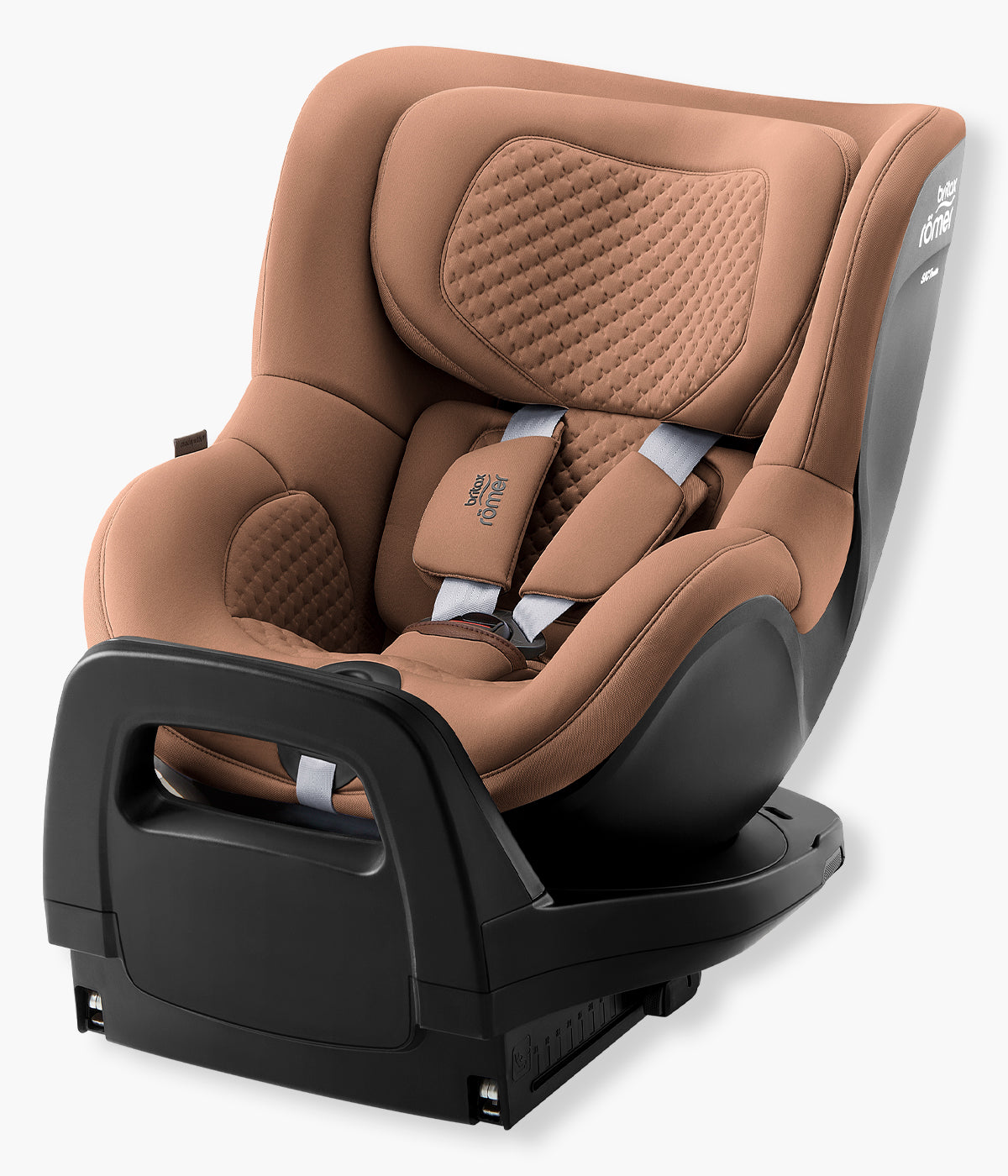 Vista lateral da cadeira auto rotativa i-Size Dualfix Pro M Lux da marca Britax Römer na cor Warm Caramel instalada na base.