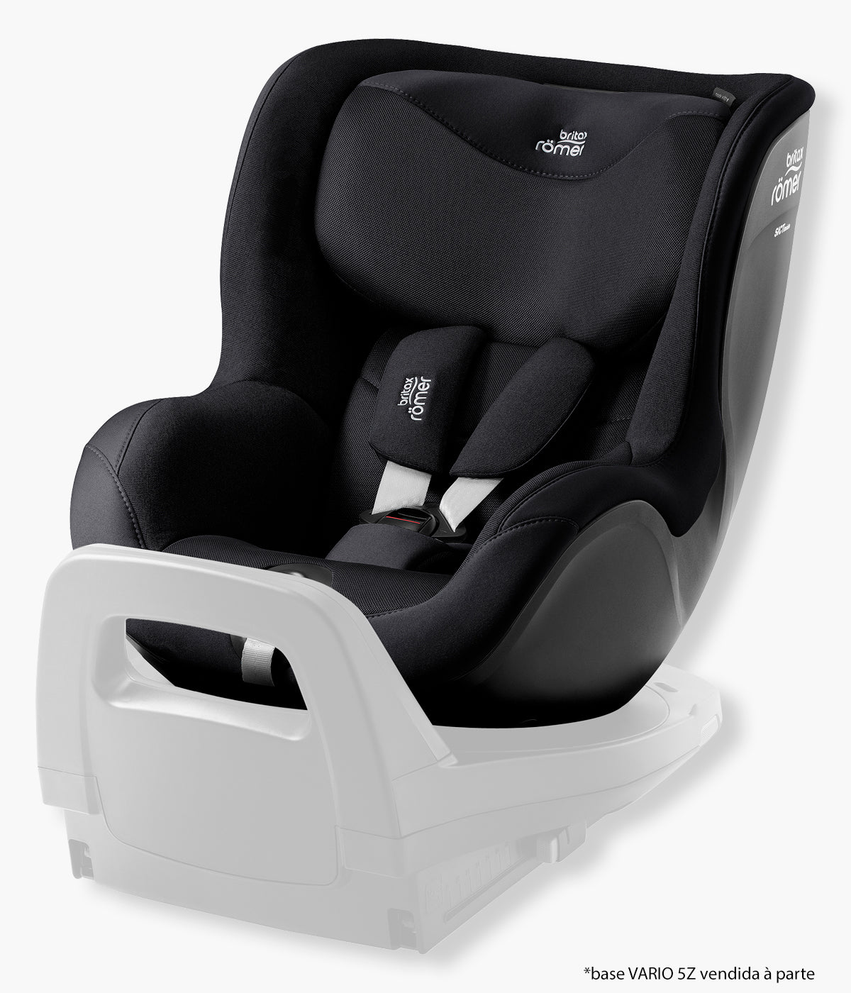 Vista frontal da cadeira auto rotativa Dualfix 5Z da Britax Römer na cor Carbon Black instalada na base.