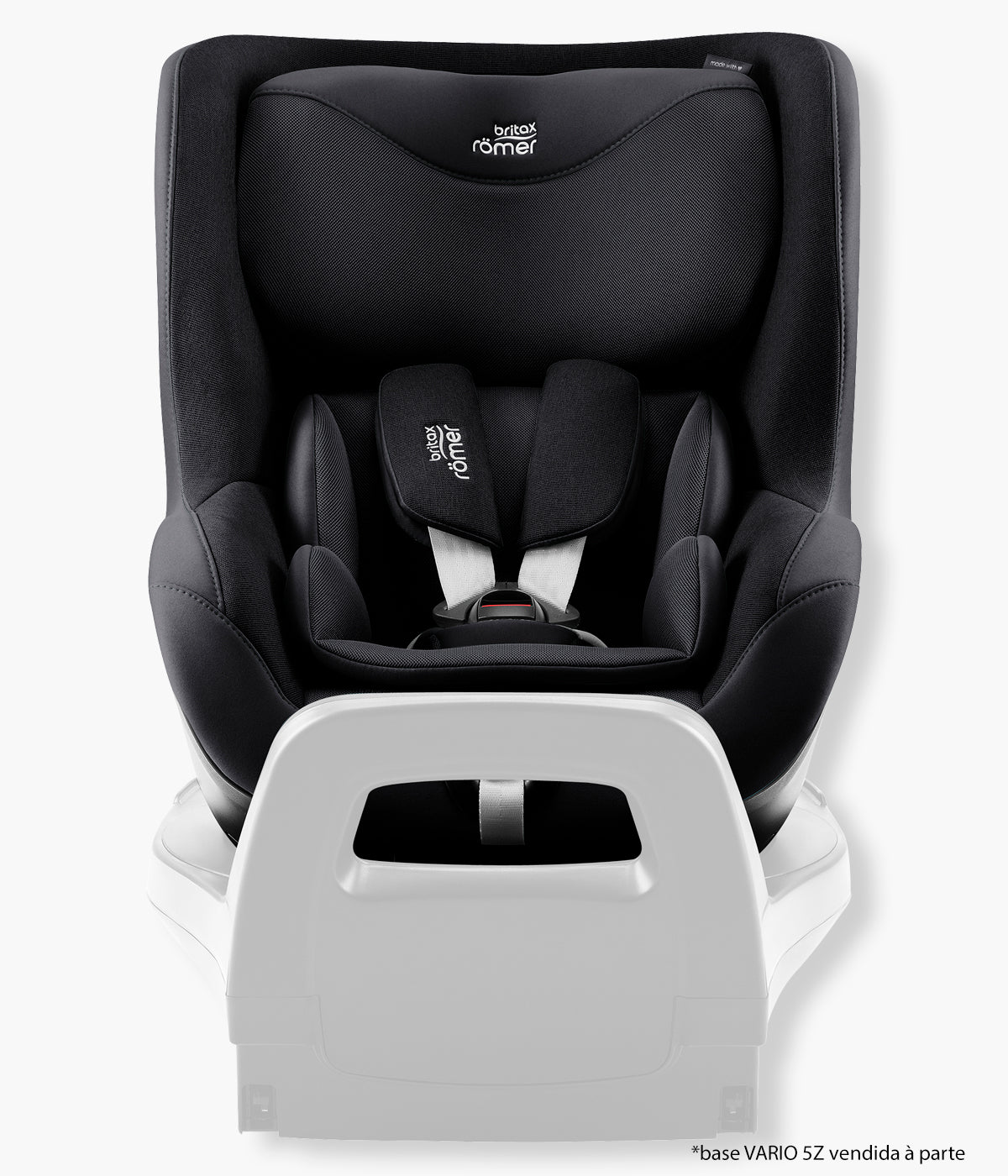Vista frontal da cadeira auto rotativa Dualfix 5Z da Britax Römer na cor Carbon Black instalada na base.