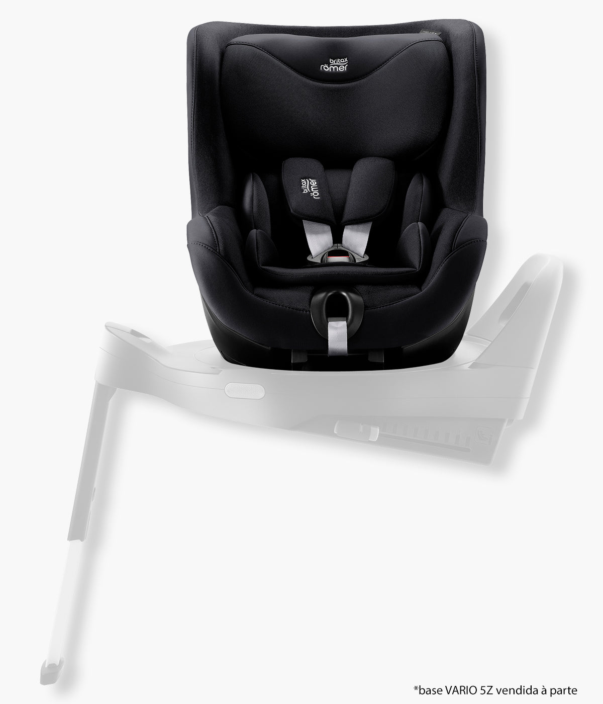 Vista frontal da cadeira auto rotativa Dualfix 5Z da Britax Römer na cor Carbon Black instalada na base.