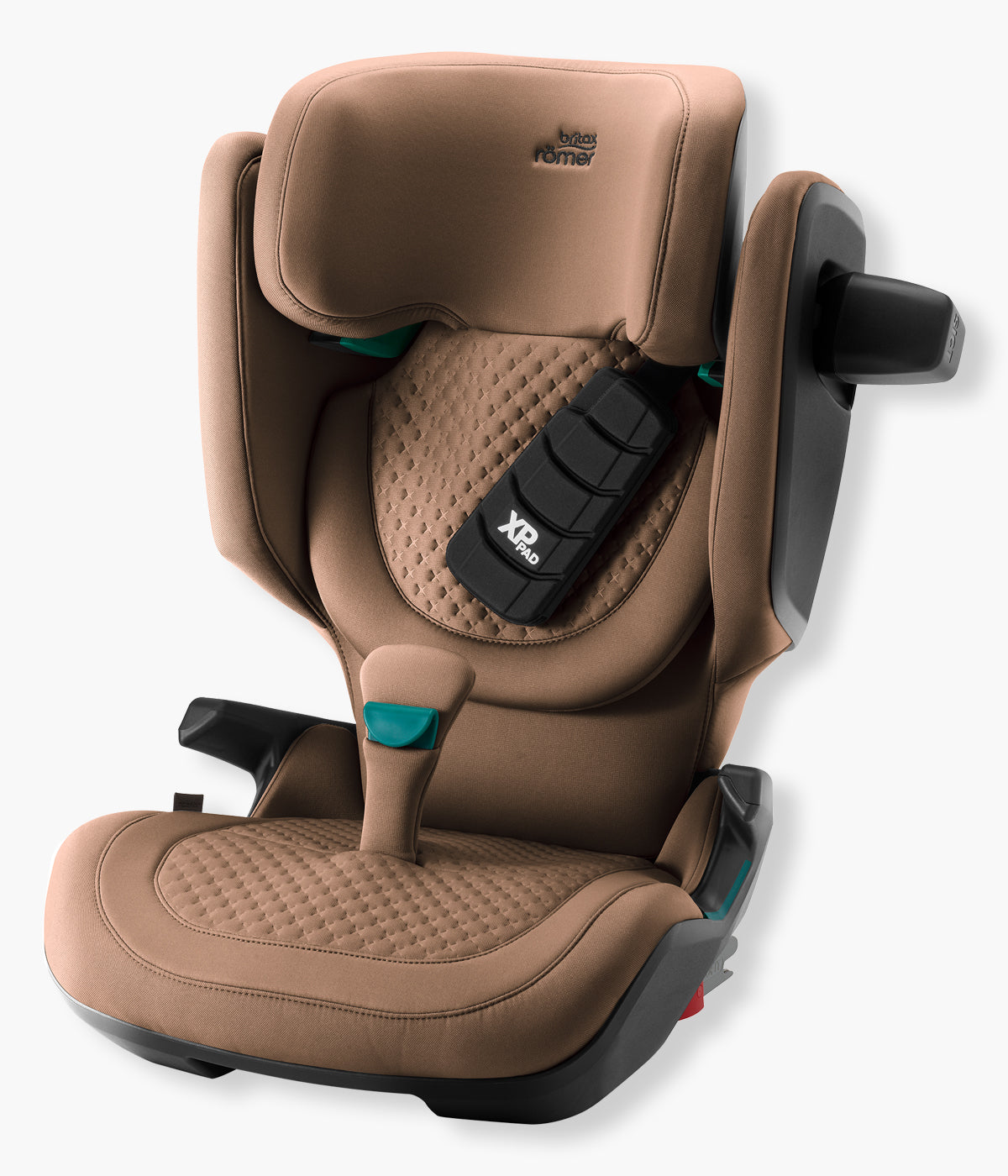 Vista frontal da cadeira auto elevatória Kidfix Pro Lux da Britax Römer na cor Warm Caramel. Prática cadeira auto i-Size desenvolvida para acompanhar a criança dos 100 aos 150 cm, aproximadamente dos 3,5 aos 12 anos.