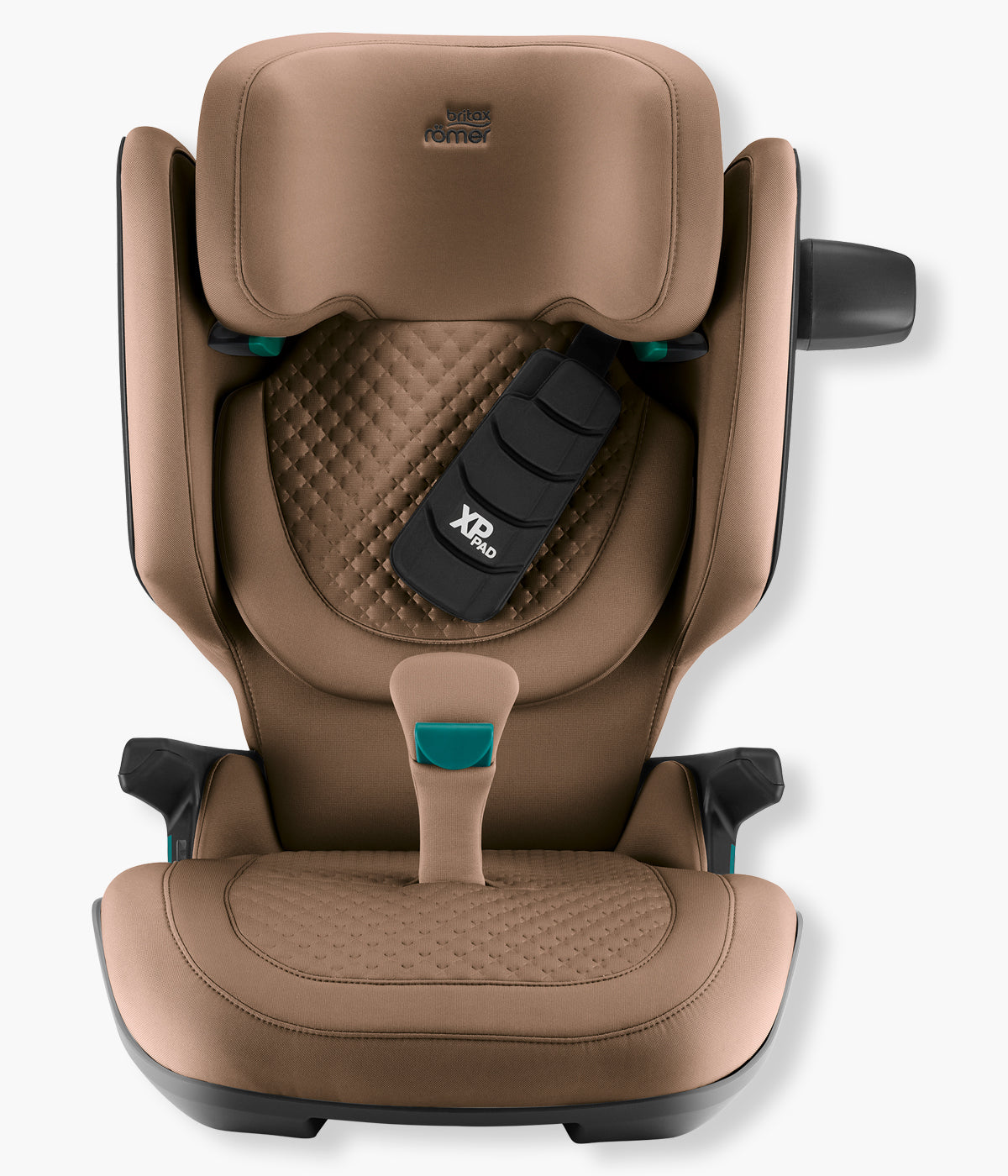 Vista frontal da cadeira auto elevatória Kidfix Pro Lux da Britax Römer na cor Warm Caramel. Prática cadeira auto i-Size desenvolvida para acompanhar a criança dos 100 aos 150 cm, aproximadamente dos 3,5 aos 12 anos.