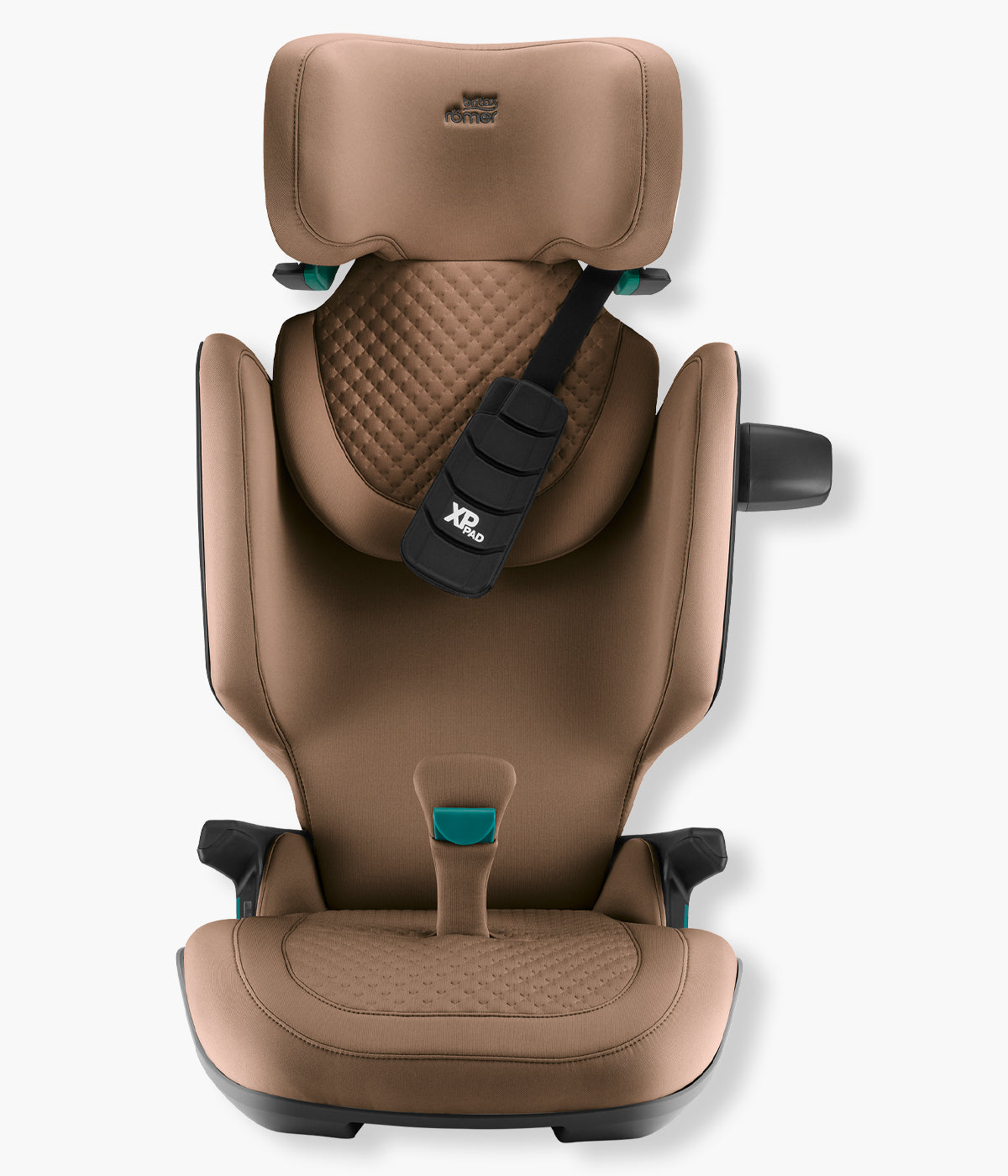 Vista frontal da cadeira auto elevatória Kidfix Pro Lux da Britax Römer na cor Warm Caramel. Prática cadeira auto i-Size desenvolvida para acompanhar a criança dos 100 aos 150 cm, aproximadamente dos 3,5 aos 12 anos.