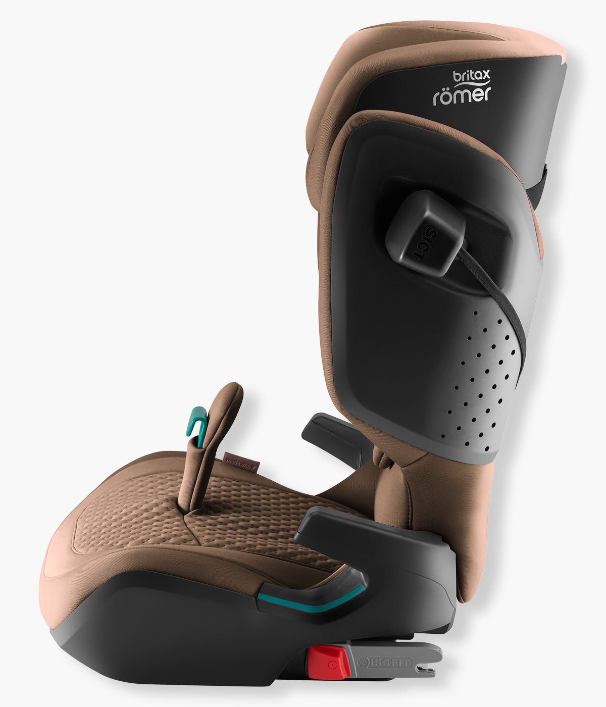 Vista lateral da cadeira auto elevatória Kidfix Pro Lux da Britax Römer na cor Warm Caramel. Prática cadeira auto i-Size desenvolvida para acompanhar a criança dos 100 aos 150 cm, aproximadamente dos 3,5 aos 12 anos.