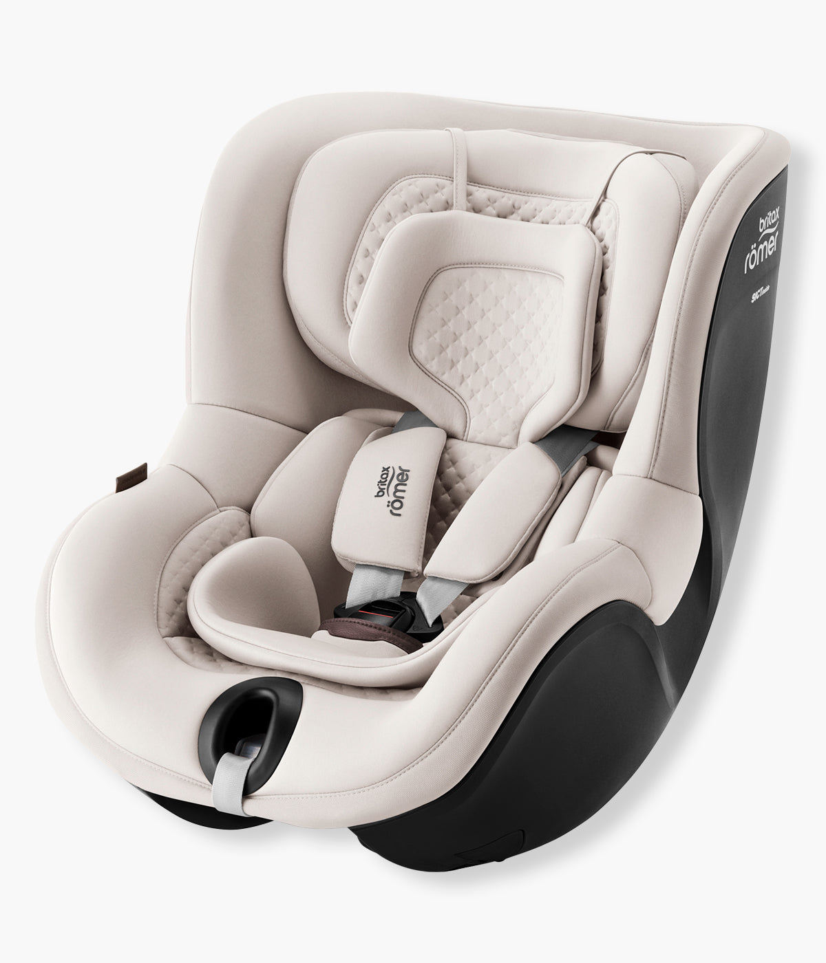 Vista lateral da cadeira auto rotativa Dualfix 5Z da Britax Römer na cor Soft Taupe. Prática cadeira auto que acompanha a criança aproximadamente dos 3 meses aos 4 anos, dos 61 aos 105 cm e até 18 kg.