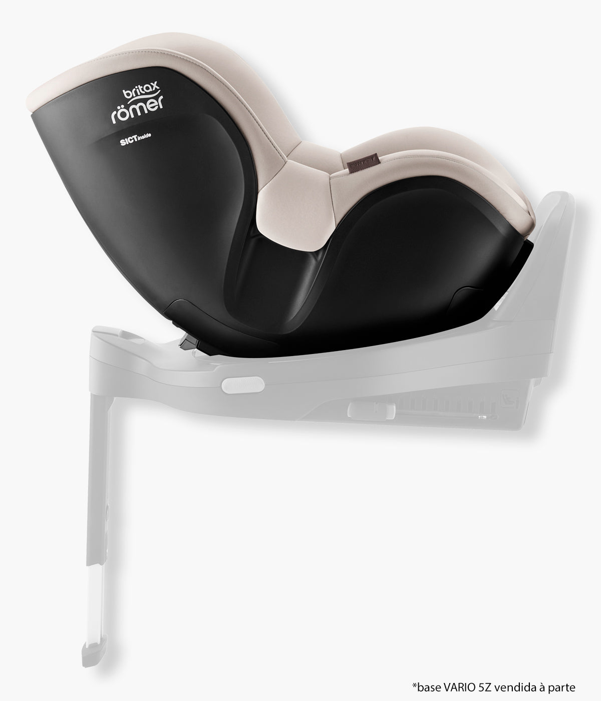 Vista lateral da cadeira auto rotativa Dualfix 5Z da Britax Römer na cor Soft Taupe instalada na base vario 5z.