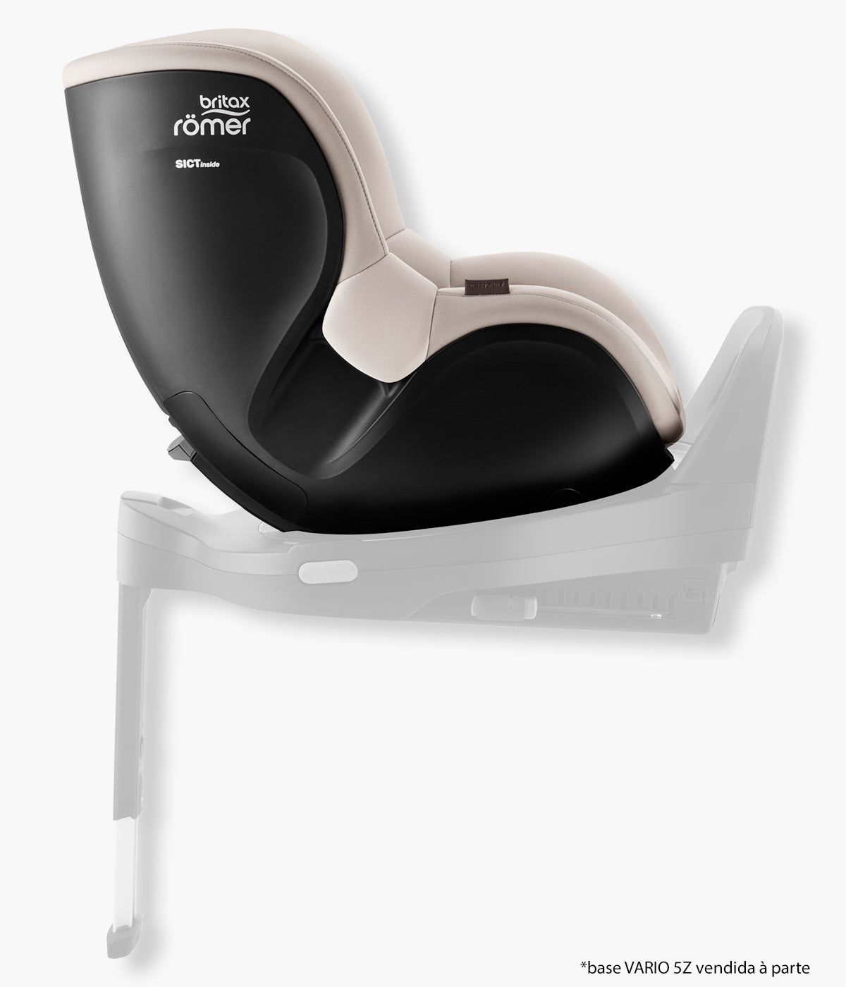 Vista lateral da cadeira auto rotativa Dualfix 5Z da Britax Römer na cor Soft Taupe instalada na base vario 5z.