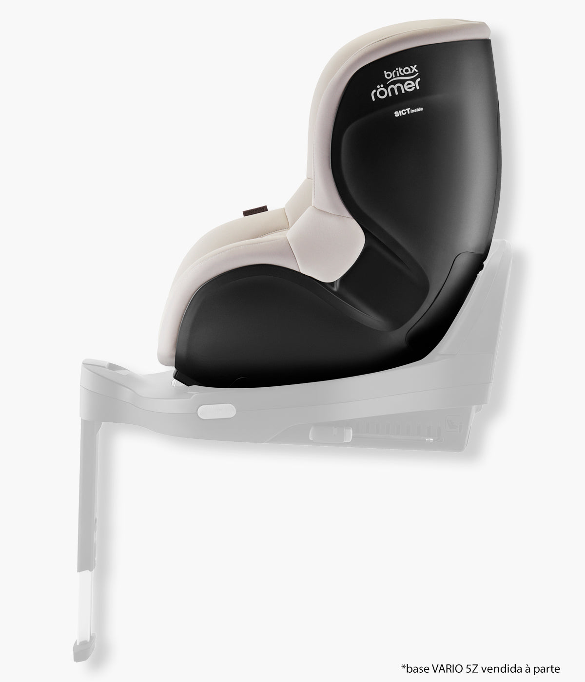 Vista lateral da cadeira auto rotativa Dualfix 5Z da Britax Römer na cor Soft Taupe instalada na base vario 5z.