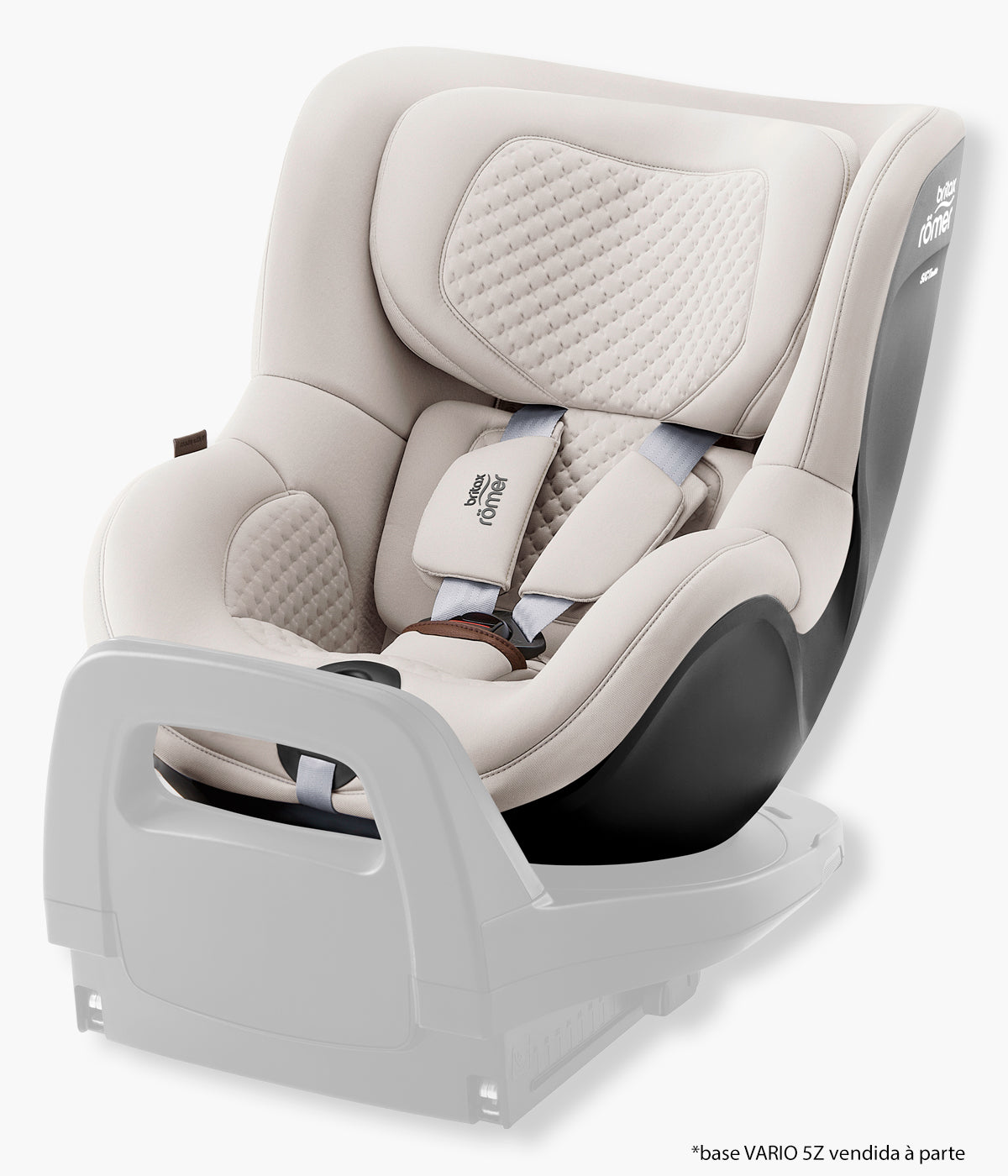 Vista lateral da cadeira auto rotativa Dualfix 5Z da Britax Römer na cor Soft Taupe instalada na base vario 5z.