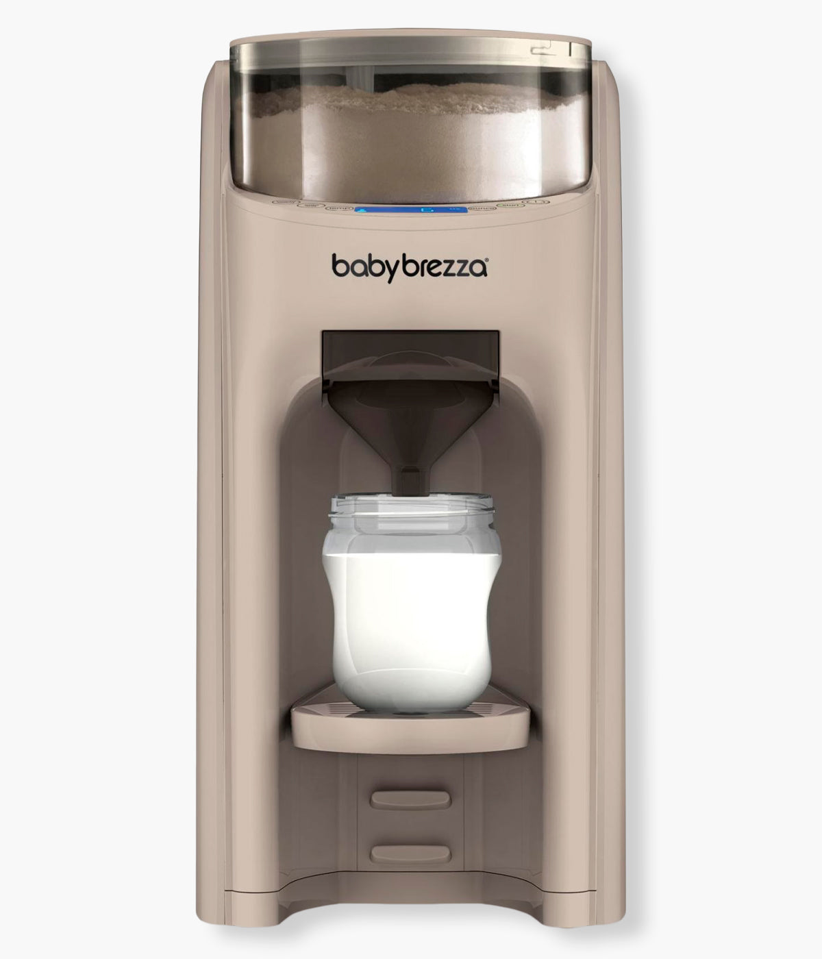 Vista frontal do preparador automático de biberões Formula Pro Advanced Oatmeal da Baby Brezza. Inteligente aparelho que prepara automaticamente o biberão perfeito em segundos. Mede, aquece, mistura e dispensa a fórmula na temperatura ideal, sem grumos e sem esforço. Rápido, preciso e higiénico, o Baby Brezza Formula Pro Advanced é o aliado perfeito para as refeições do bebé.