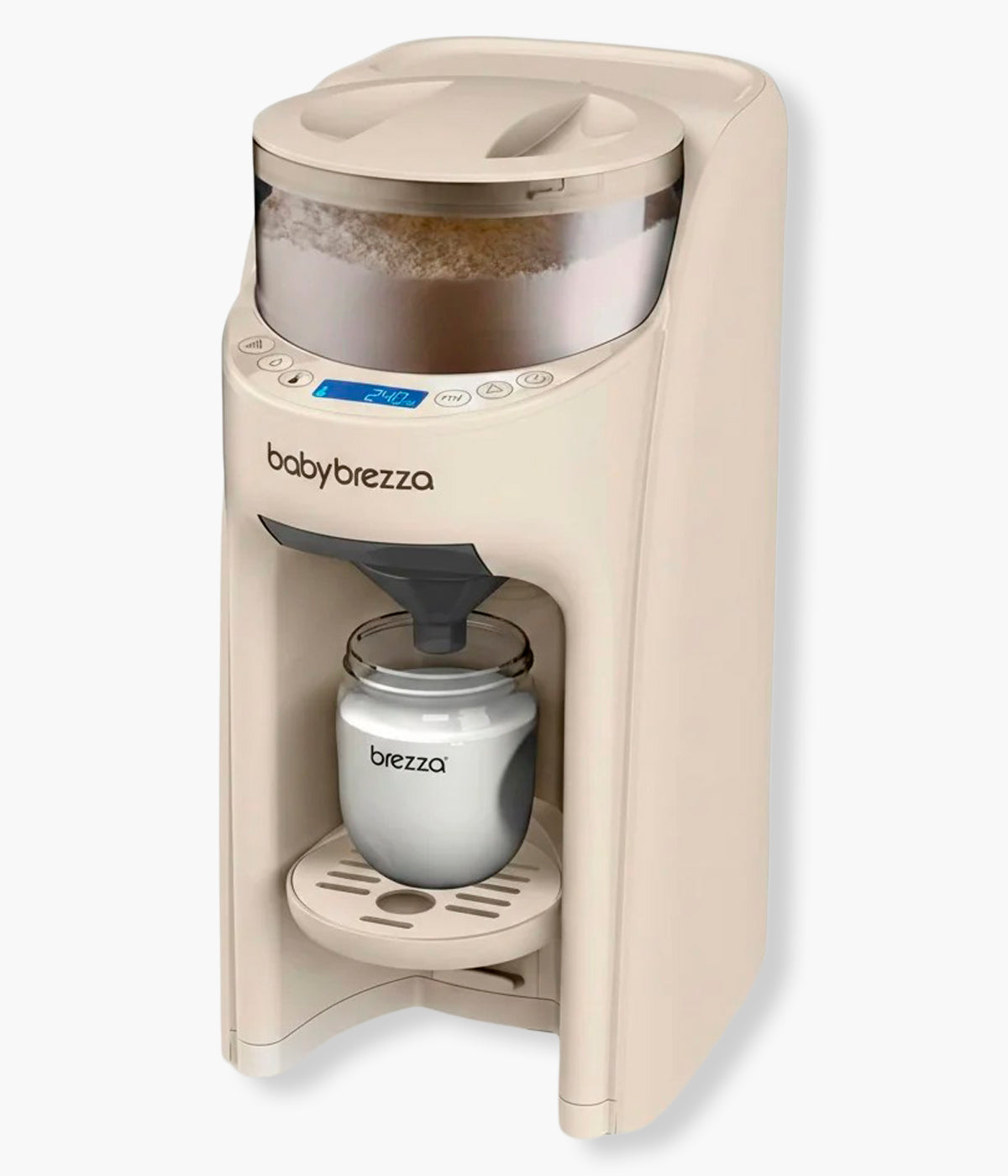 Vista frontal do preparador automático de biberões Formula Pro Advanced Oatmeal da Baby Brezza. Inteligente aparelho que prepara automaticamente o biberão perfeito em segundos. Mede, aquece, mistura e dispensa a fórmula na temperatura ideal, sem grumos e sem esforço. Rápido, preciso e higiénico, o Baby Brezza Formula Pro Advanced é o aliado perfeito para as refeições do bebé.