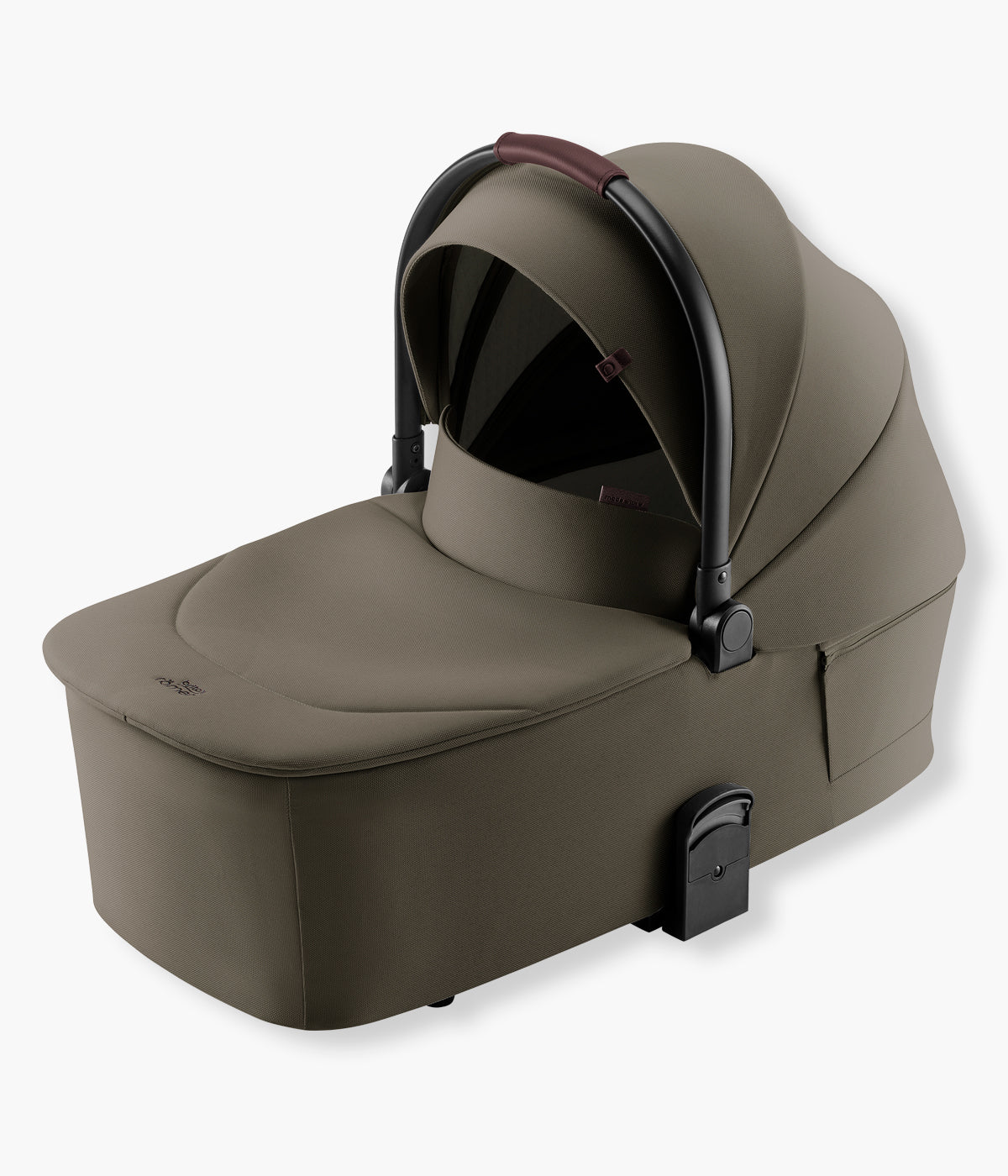 Vista lateral da alcofa para carrinho de passeio Rio Lux da marca Britax Römer na cor Urban Olive. Elegante alcofa que proporciona ao recém-nascido uma posição totalmente horizontal, confortável e protegida durante os primeiros meses.