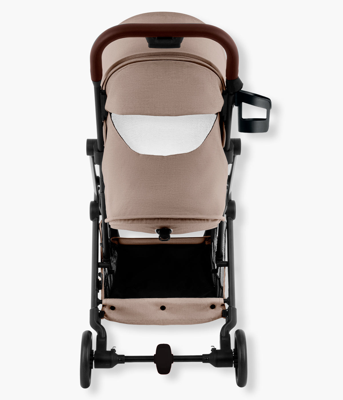 Vista traseira do carrinho de passeio compacto Flylite da marca Britax Römer na cor Teak. Compacto carrinho de passeio desenvolvido para famílias que procuram uma solução leve, compacta e prática para viajar ou circular pela cidade.