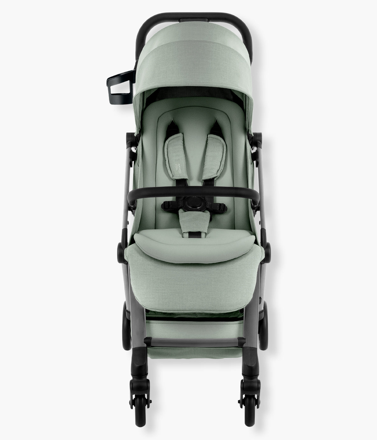Vista frontal do carrinho de passeio compacto Flylite da marca Britax Römer na cor Sage Green. Compacto carrinho de passeio desenvolvido para famílias que procuram uma solução leve, compacta e prática para viajar ou circular pela cidade.