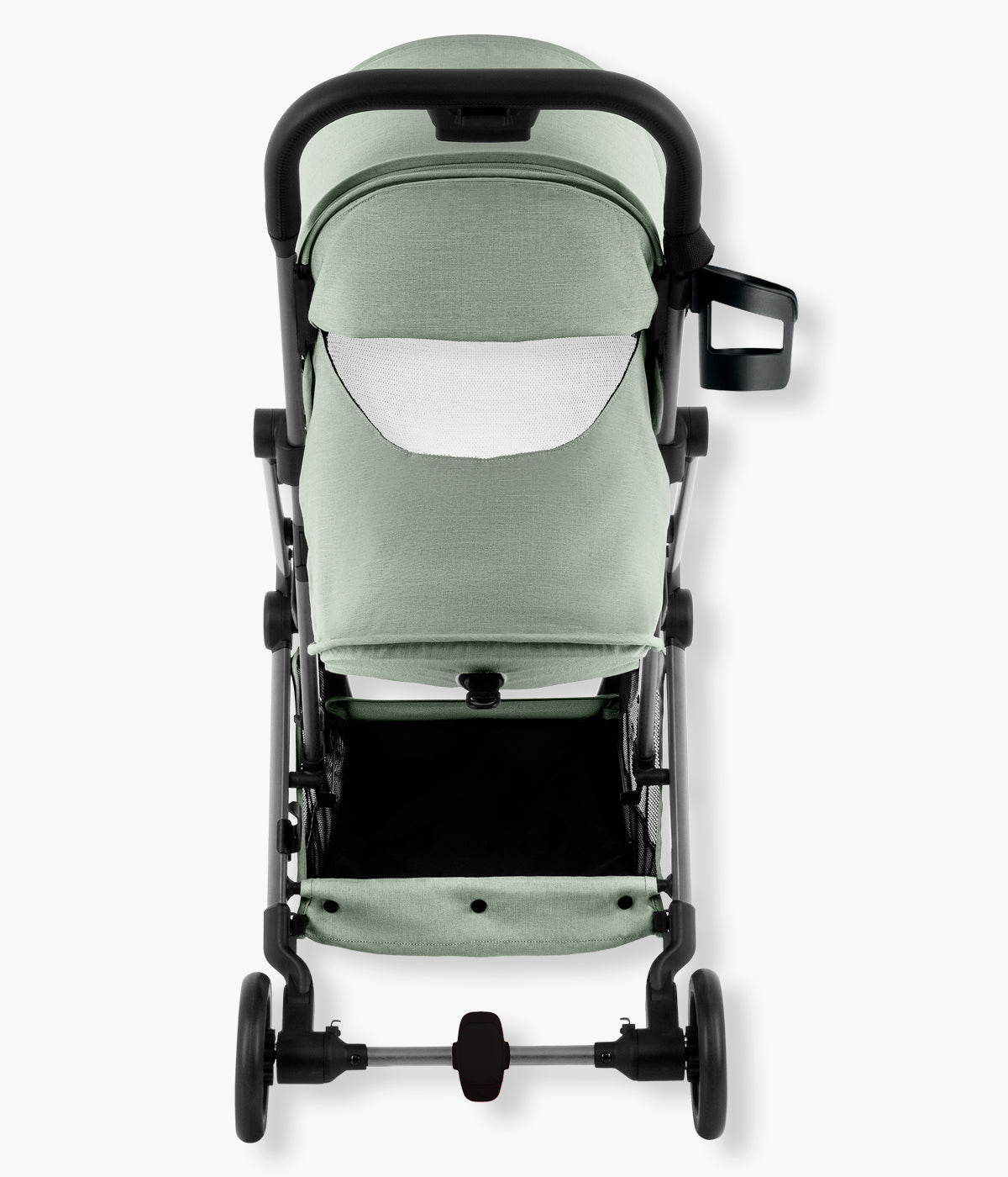 Vista traseira do carrinho de passeio compacto Flylite da marca Britax Römer na cor Sage Green. Compacto carrinho de passeio desenvolvido para famílias que procuram uma solução leve, compacta e prática para viajar ou circular pela cidade.