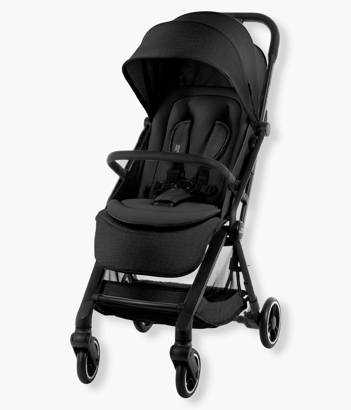 Vista lateral do carrinho de passeio compacto Flylite da marca Britax Römer na cor Carbon Black.