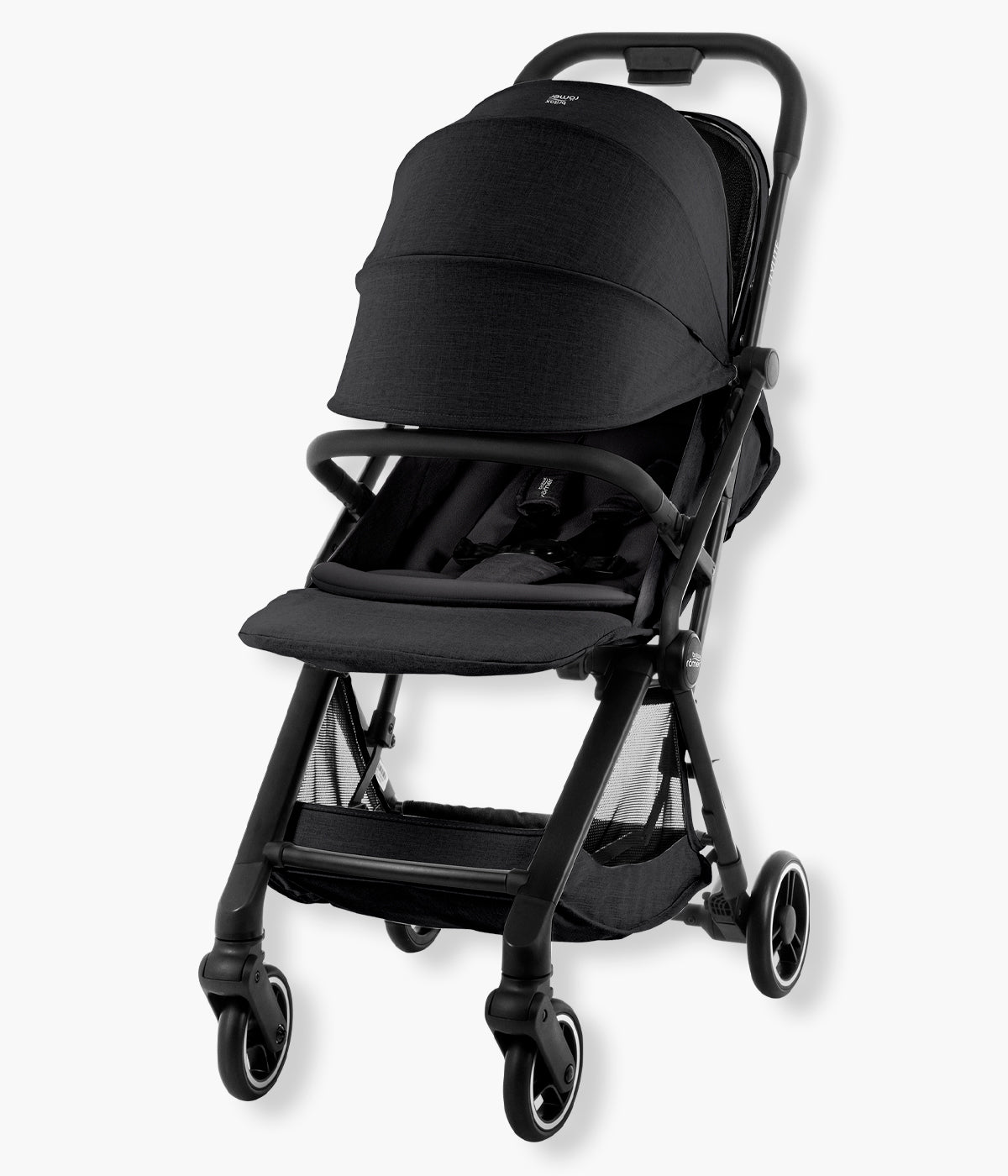 Vista fechado do carrinho de passeio compacto Flylite da marca Britax Römer na cor Carbon Black.