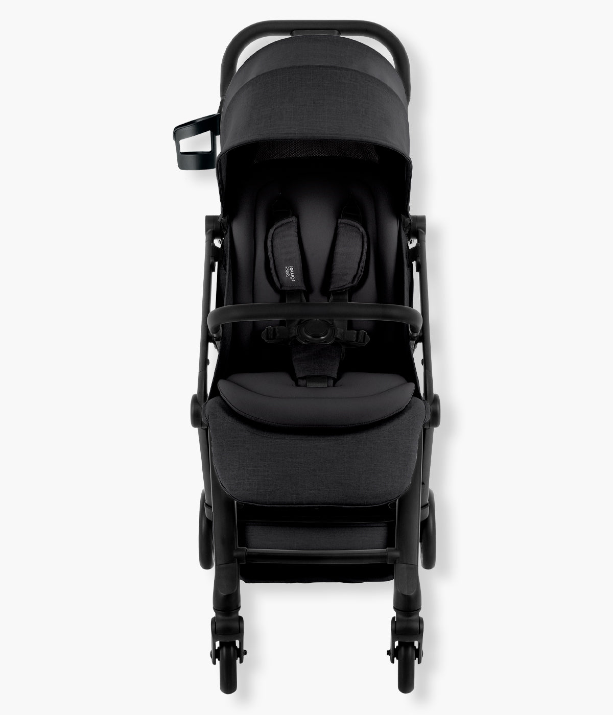 Vista frontal do carrinho de passeio compacto Flylite da marca Britax Römer na cor Carbon Black.
