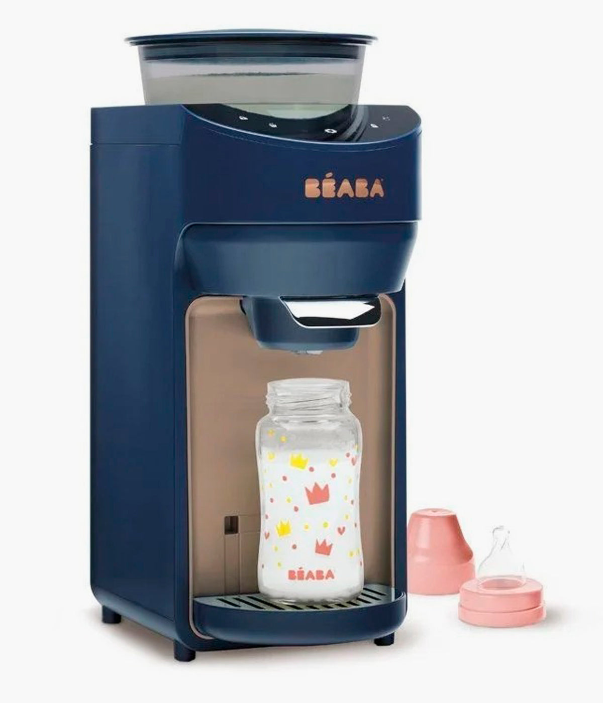 Vista lateral do preparador automático de biberões Milkéo Plus V2 da Béaba na cor Night Blue. Inteligente aparelho que simplifica a preparação das refeições ao dosear automaticamente a fórmula em pó e a água, aquecer, misturar e dispensar diretamente para o biberão em menos de 20 segundos. 