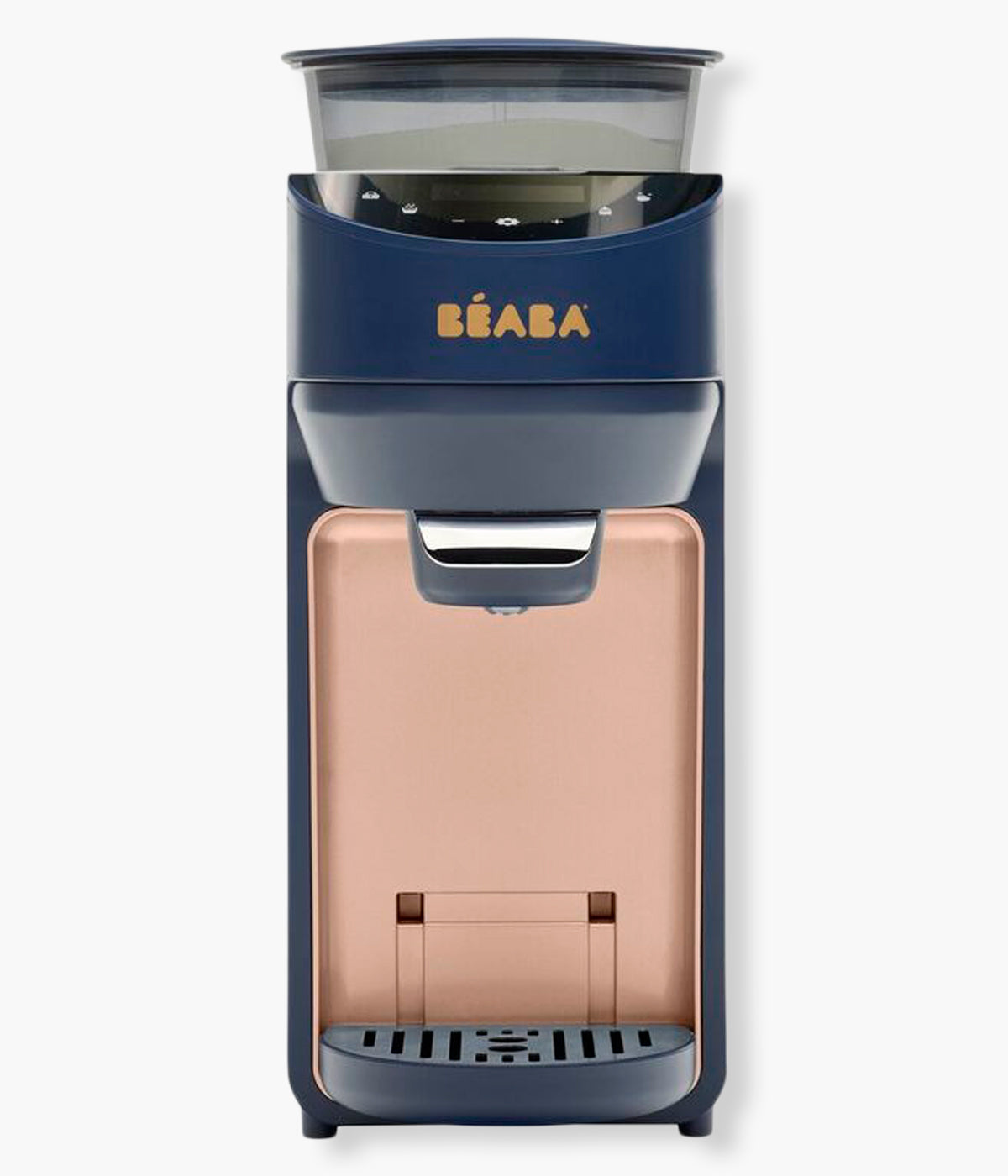 Vista frontal do preparador automático de biberões Milkéo Plus V2 da Béaba na cor Night Blue. Inteligente aparelho que simplifica a preparação das refeições ao dosear automaticamente a fórmula em pó e a água, aquecer, misturar e dispensar diretamente para o biberão em menos de 20 segundos. 