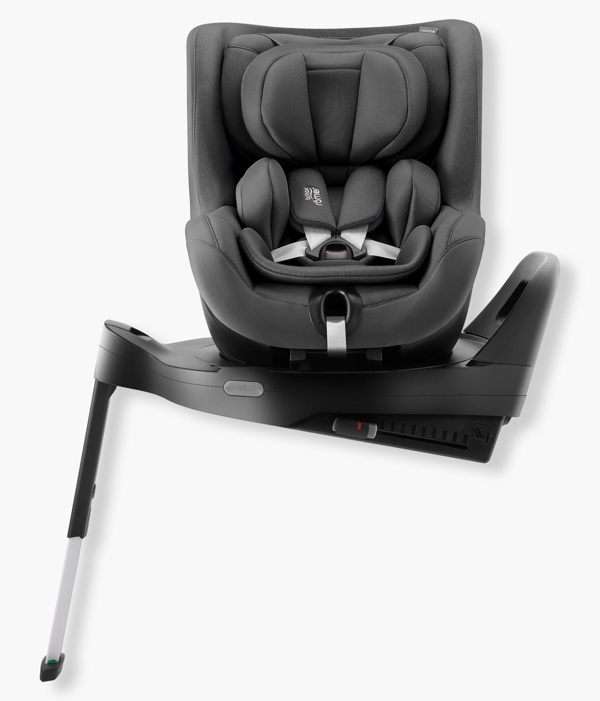 Vista frontal da cadeira auto rotativa Dualfix Pro Style da Britax Römer na cor Mineral Grey instalada na base.