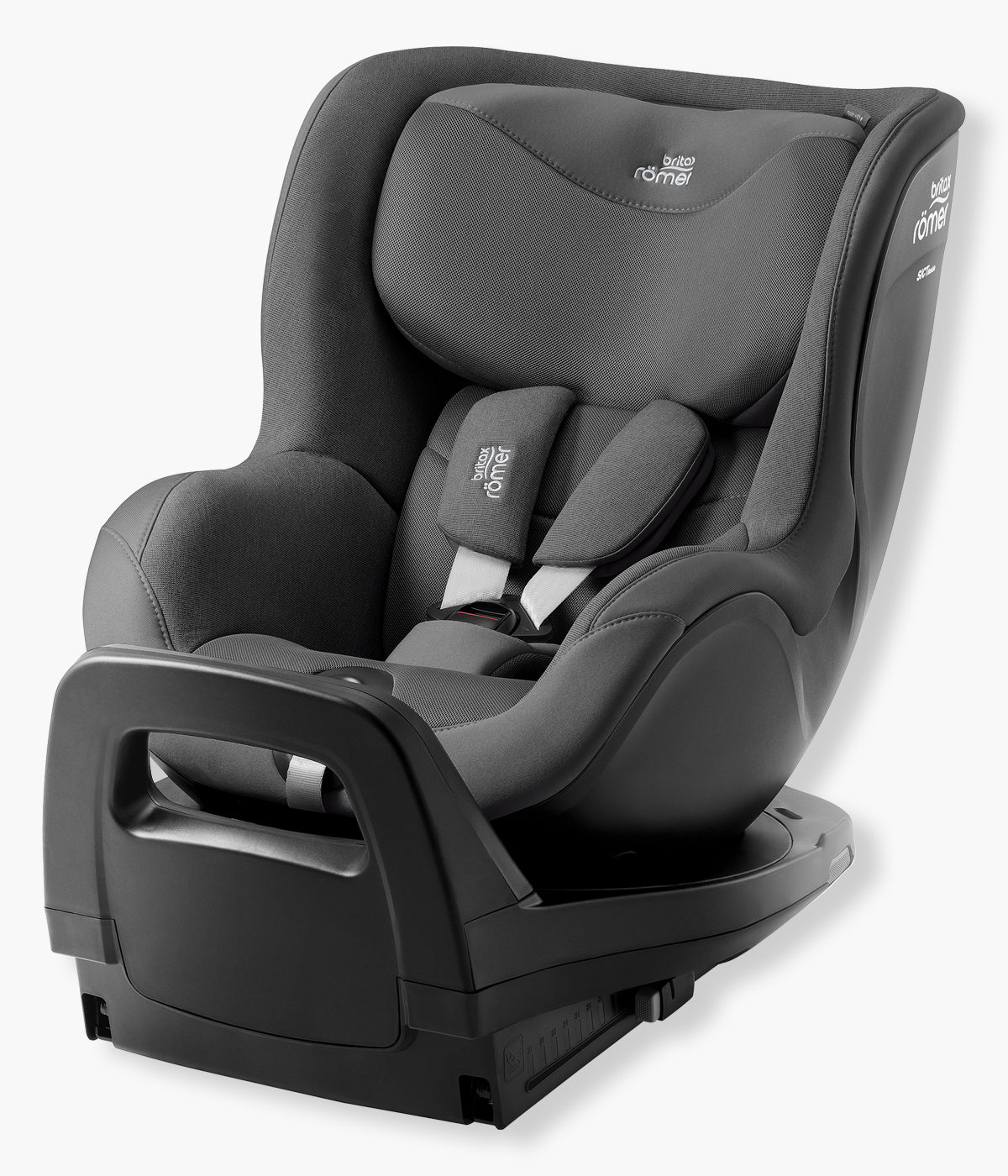 Vista lateral da cadeira auto rotativa Dualfix Pro Style da Britax Römer na cor Mineral Grey. Elegante cadeira que acompanha o bebé desde o nascimento até aproximadamente aos 4 anos, dos 40 aos 105 cm e até 19 kg.
