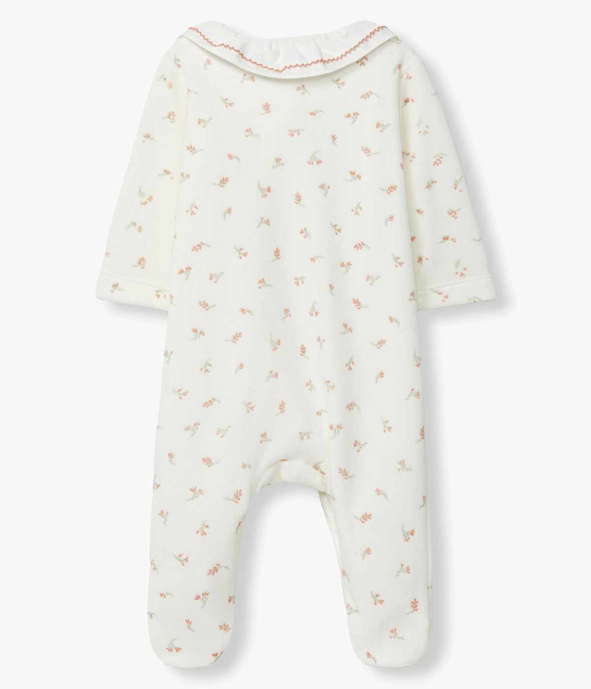 Vista traseira do babygrow em veludo pérola da Laranjinha para bebé menina e recém-nascida. Gola folho com picueta castanha. Estampado total com delicadas flores. Abertura na frente.