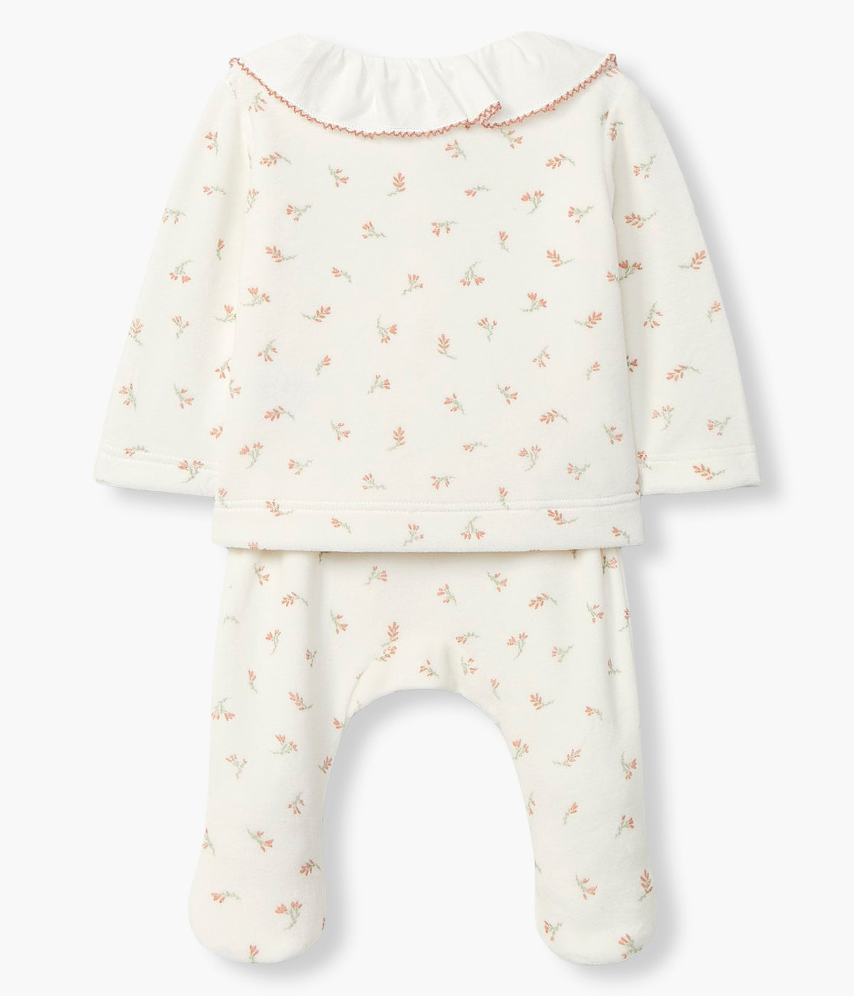 Vista traseira do conjunto de 2pc em veludo pérola da Laranjinha para bebé menina e recém-nascida. Delicado conjunto com padrão floral composto por camisola com gola folho branca com picueta castanha e calças a combinar. Abertura da camisola na frente.