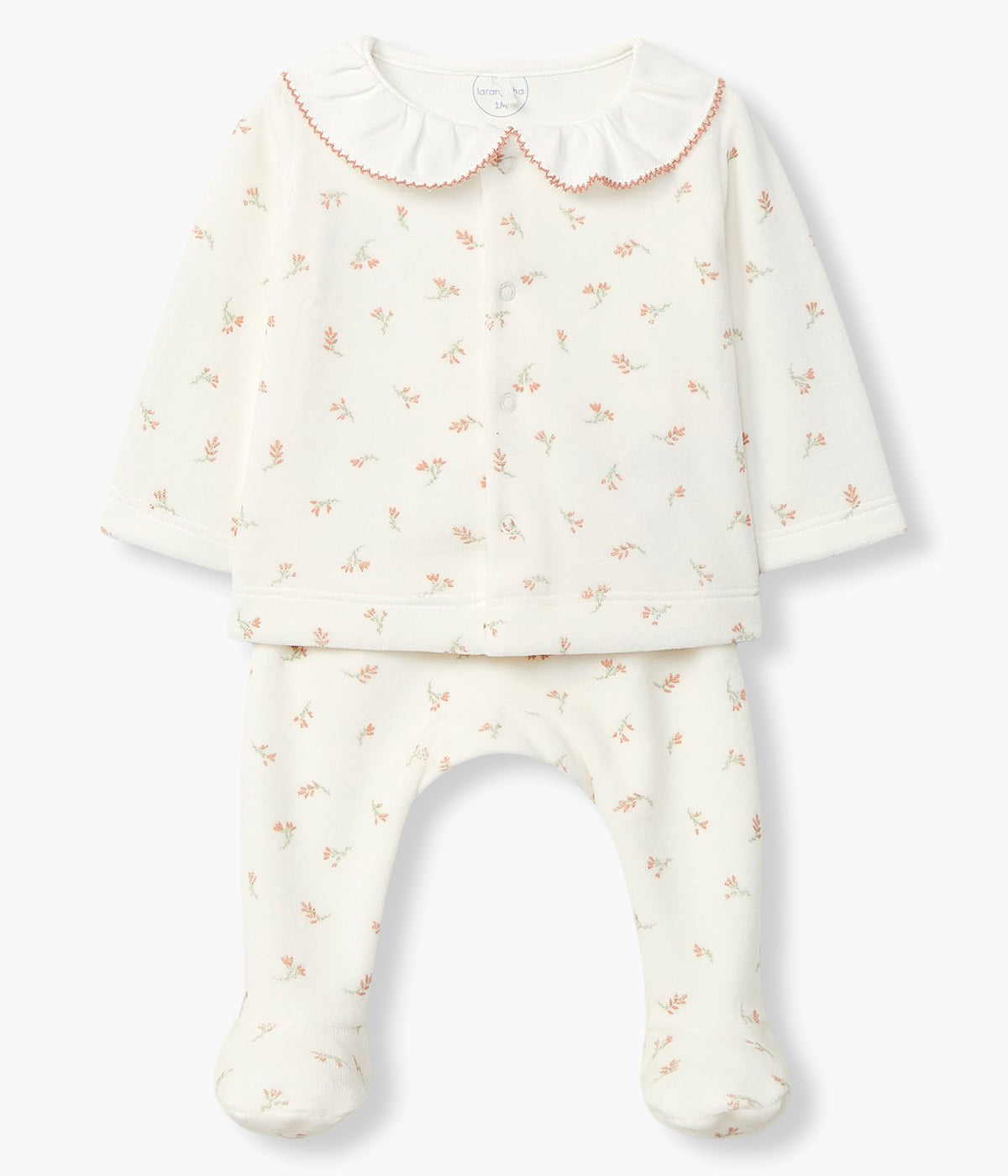 Vista frontal do conjunto de 2pc em veludo pérola da Laranjinha para bebé menina e recém-nascida. Delicado conjunto com padrão floral composto por camisola com gola folho branca com picueta castanha e calças a combinar. Abertura da camisola na frente.