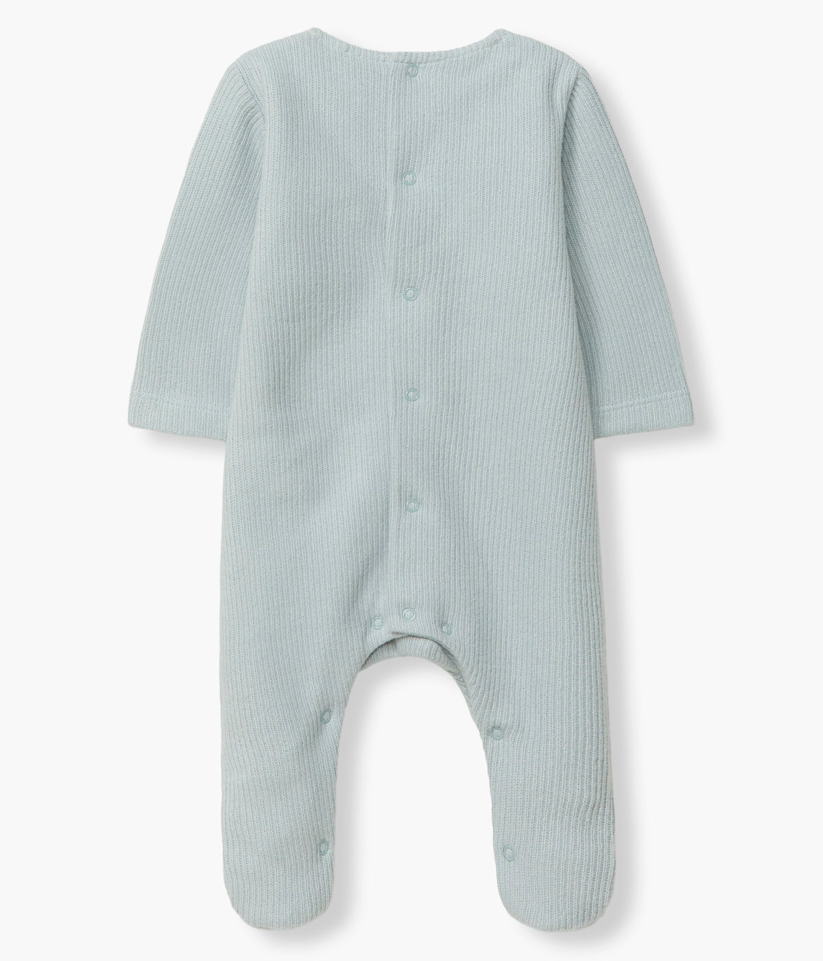 Vista costas do babygrow em algodão azul acinzentado da Laranjinha para bebé e recém-nascido(a). Peitilho em tecido branco com elegante bordado de elefante. Abertura nas costas e entrepernas.