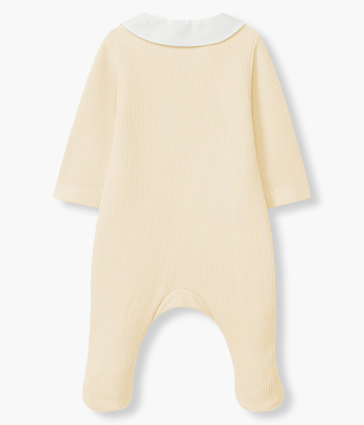 Vista traseira do babygrow em algodão canelado amarelo da Laranjinha para bebé e recém-nascido(a). Gola branca com amorosa ovelha bordada. Abertura na frente.
